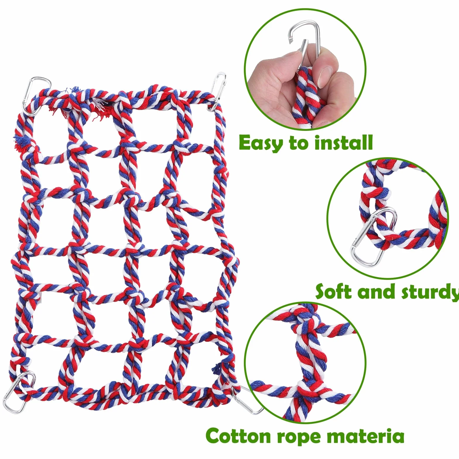 Lot de 2 Filets d’Escalade colorés en Coton pour Petits Animaux – Accessoires pour Cage de Rat avec 4 Crochets – hamac pour Rat, Perroquet, Hamster et Furet – Filet Suspendu Durable et Lavable