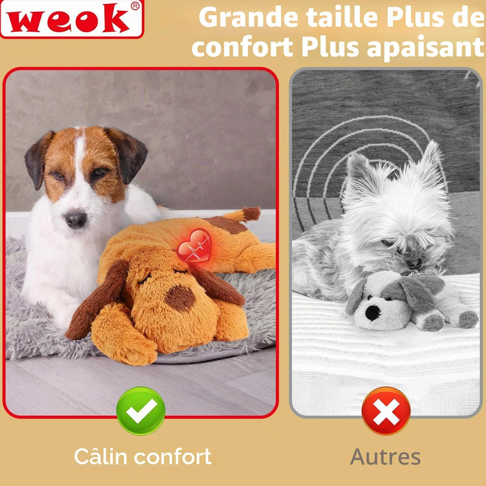 Jouet pour Chiot Oreiller Confortable Anti-Anxiété en Peluche avec Battements de Cœur pour Chiens et Chats