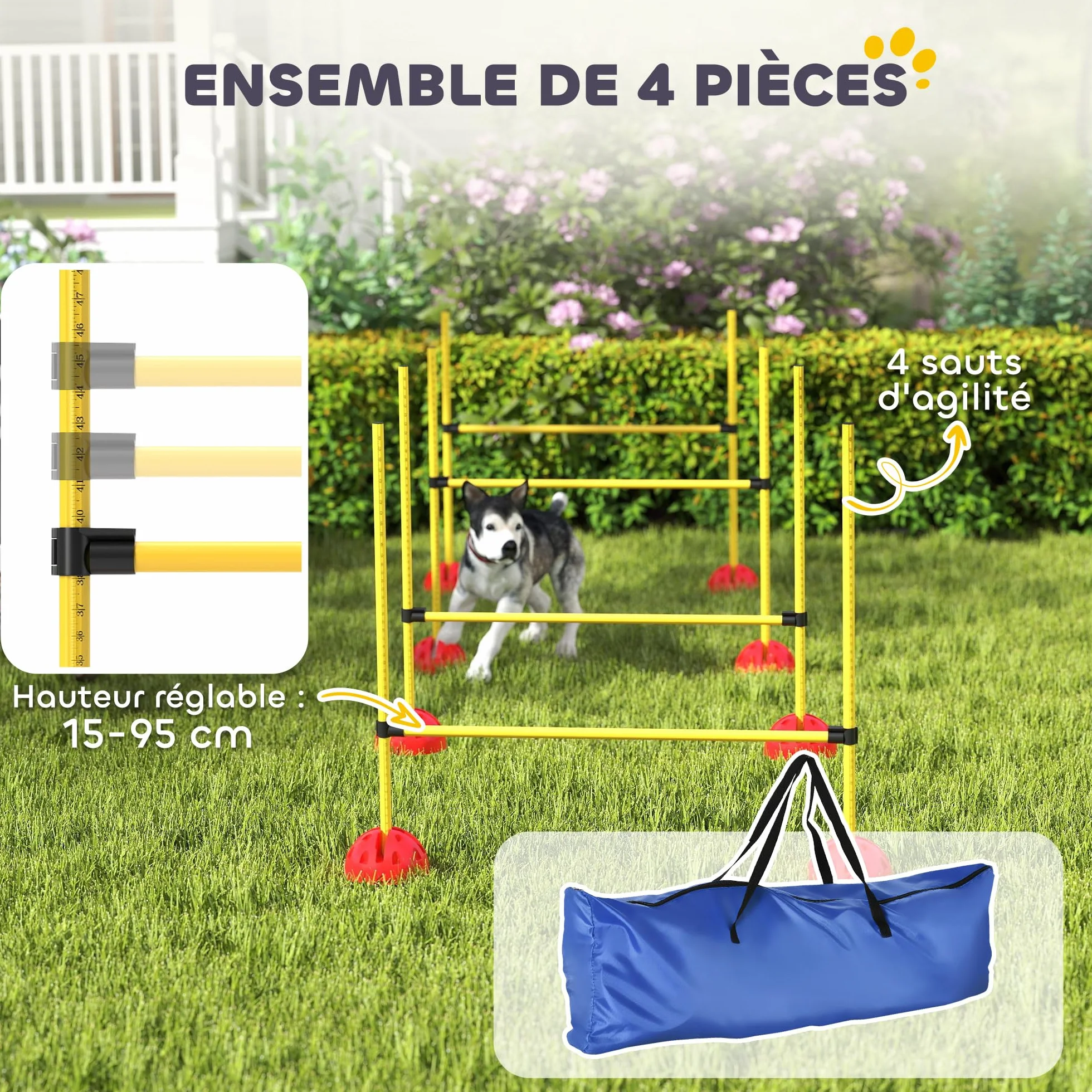 PawHut Kit d'Agilité pour Chien avec 4 Haies de Saut Réglables, Sac de Transport, Jaune et Orange