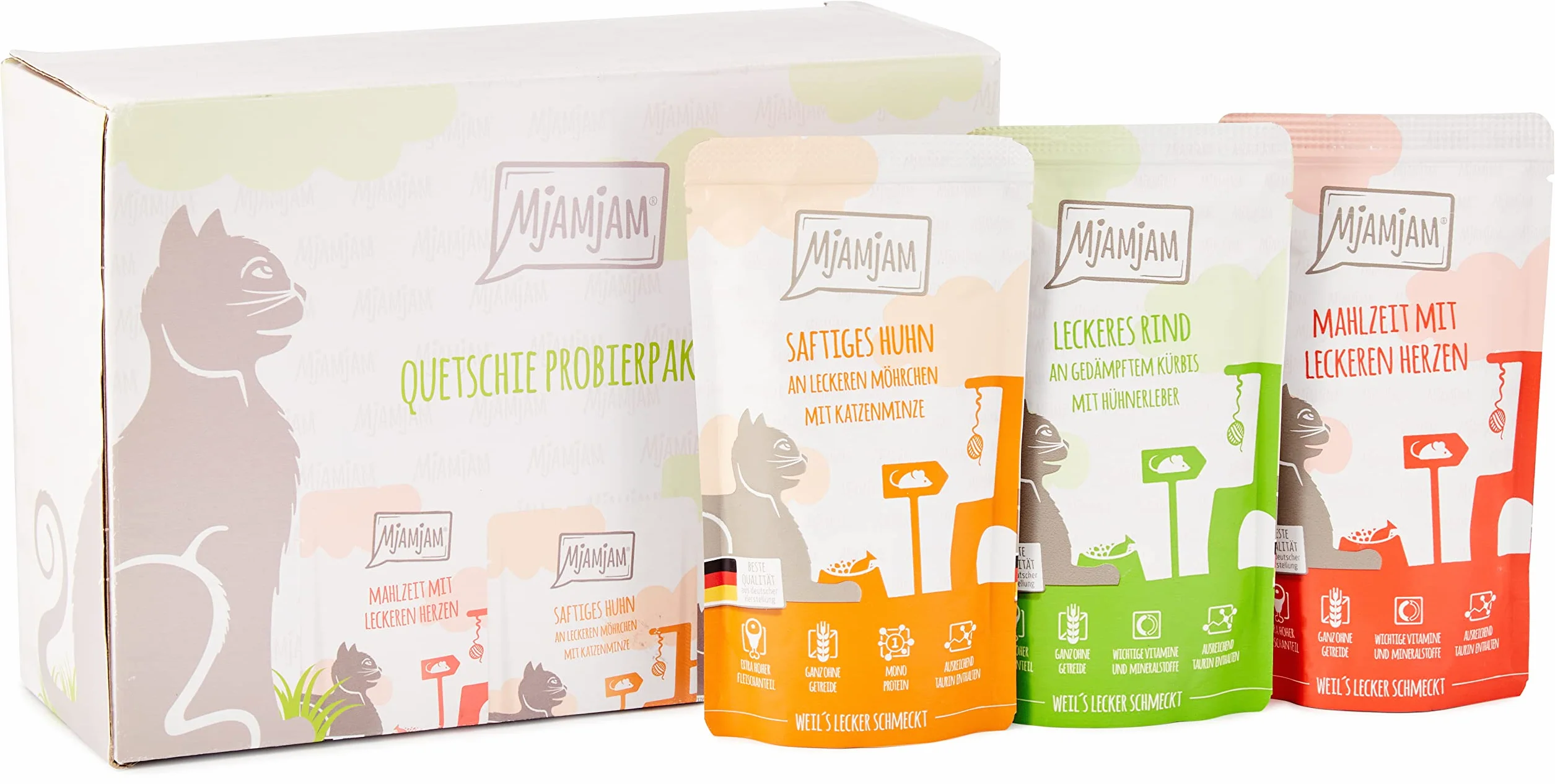 MjAMjAM nourriture humide pour chats emballage mixte poulet bœuf cœurs 12 x 125 g sans céréales