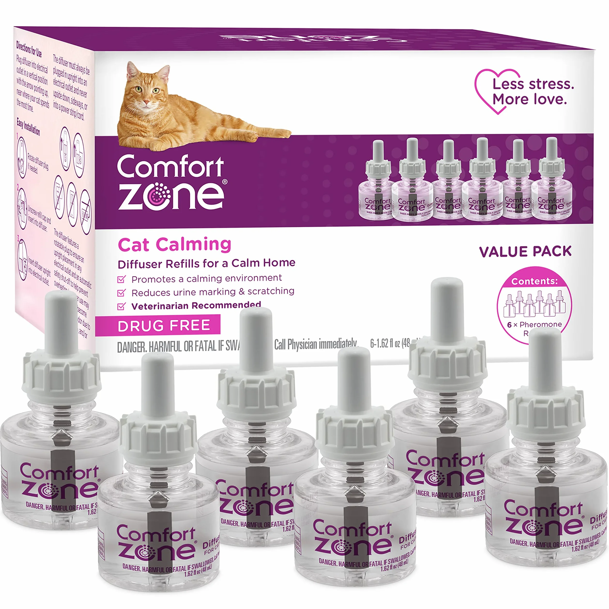 Comfort Zone Lot de 6 recharges pour diffuseur apaisant pour Chat - Phéromones pour réduire Le Stress, la pulvérisation et Les griffures