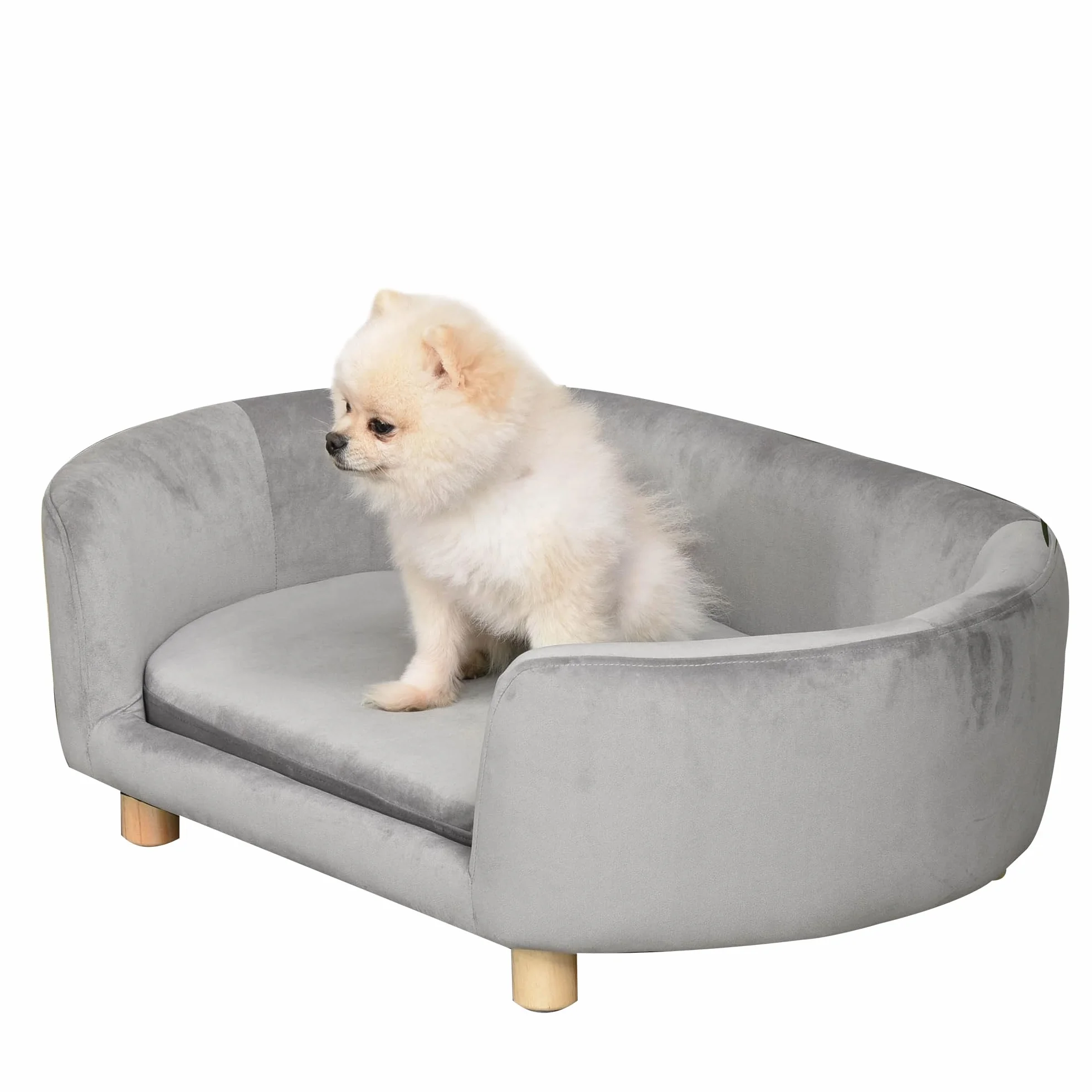 Pawhut Canapé pour chien Lit velours hollandais Mousse Pieds bouleau 86 x 55 x 33 cm Vert clair
