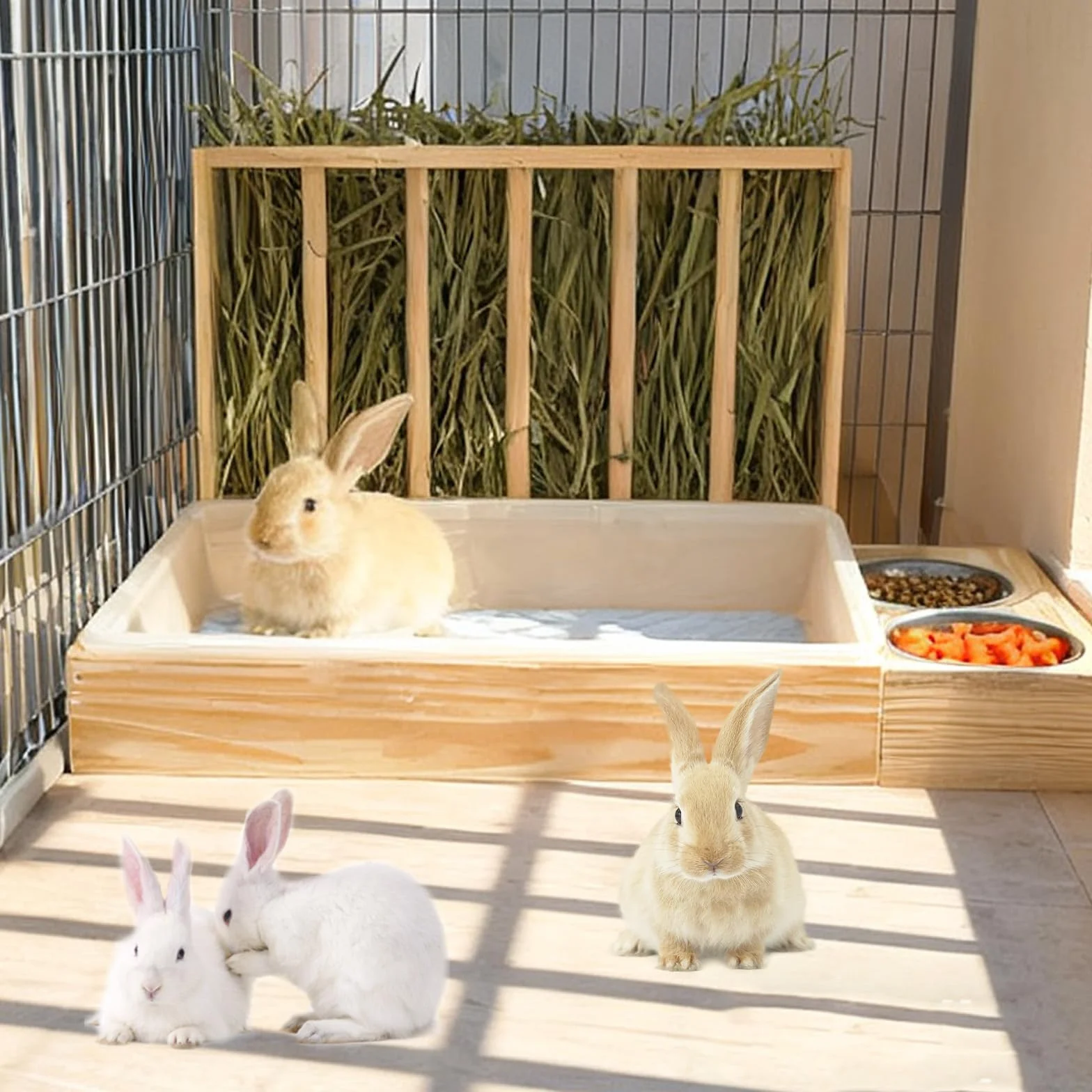 Râtelier à Foin en Bois pour Lapins Cochons d'Inde Hamsters avec Toilettes et Gamelle