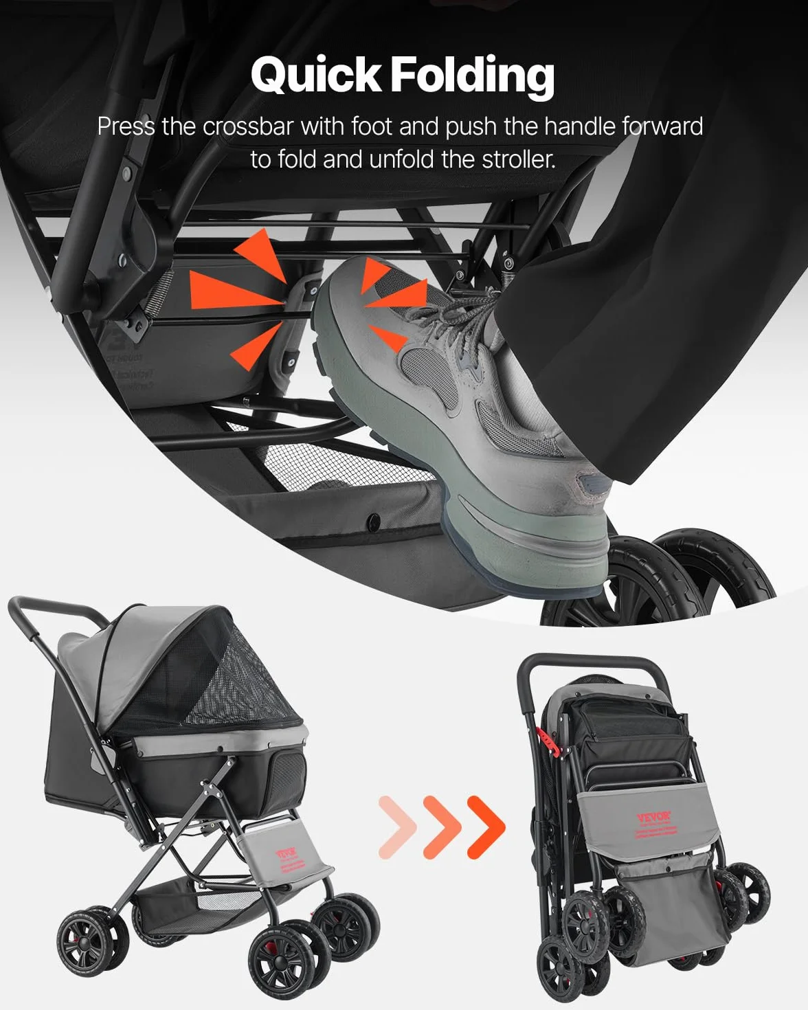 VEVOR Poussette pour Chien Pliable, Charge 20 kg, 4 Roues avec Freins Arrière, Fenêtres en Maille, Poignée Réversible, pour Petits et Moyens Animaux