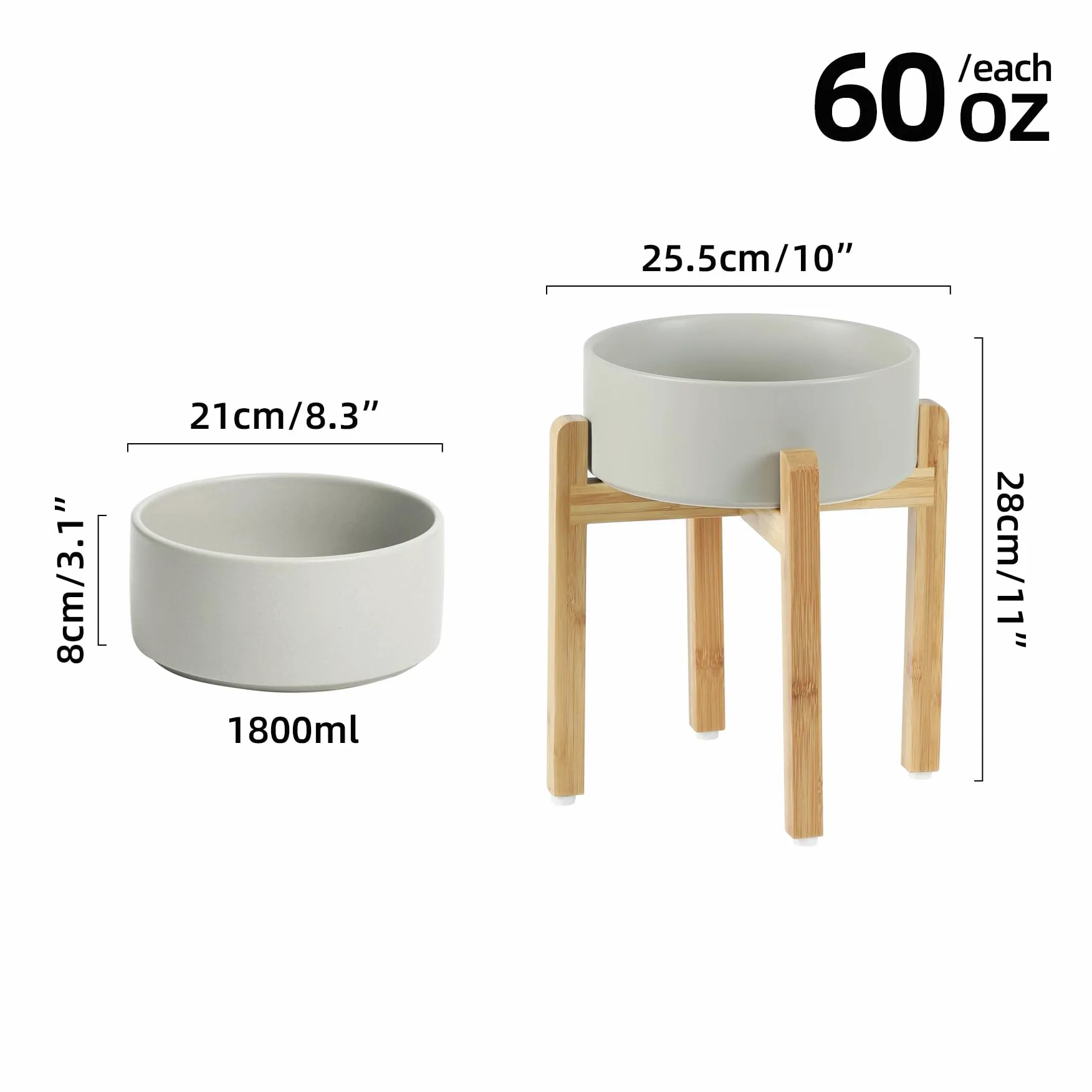 Havniva Gamelle lestée et surélevée en céramique avec support pour gros chiens de race, bol de nourriture et d’eau pour animaux de compagnie, 20,6 cm, 1,8 l, gris
