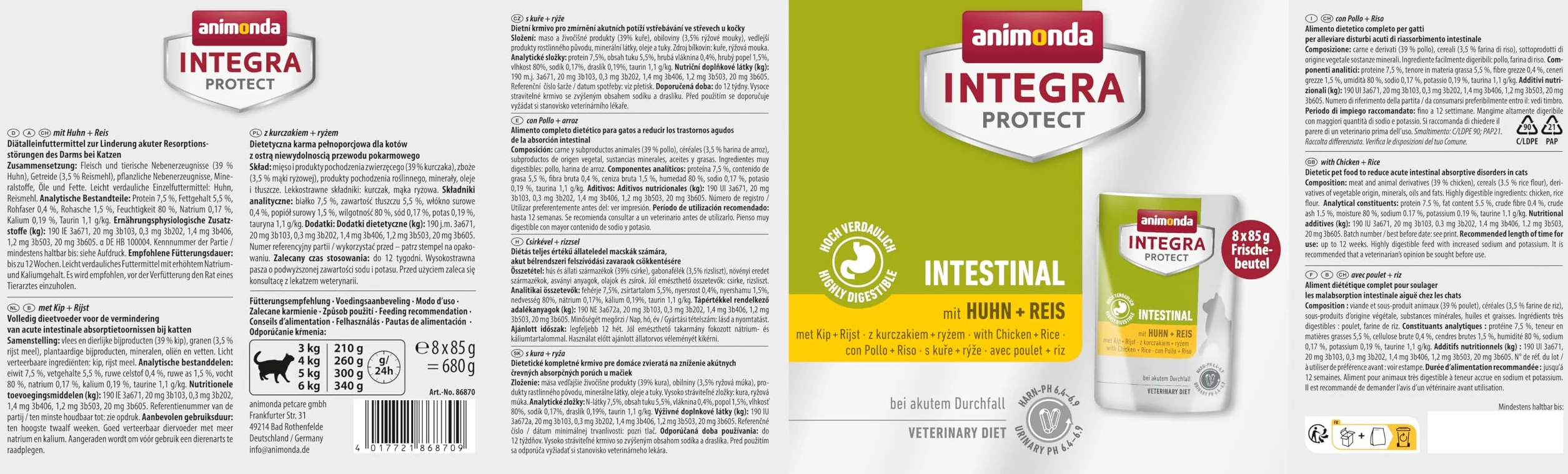 Animonda Integra Protect Nourriture Humide pour Chat Intestinal Poulet Riz 8 x 85 g