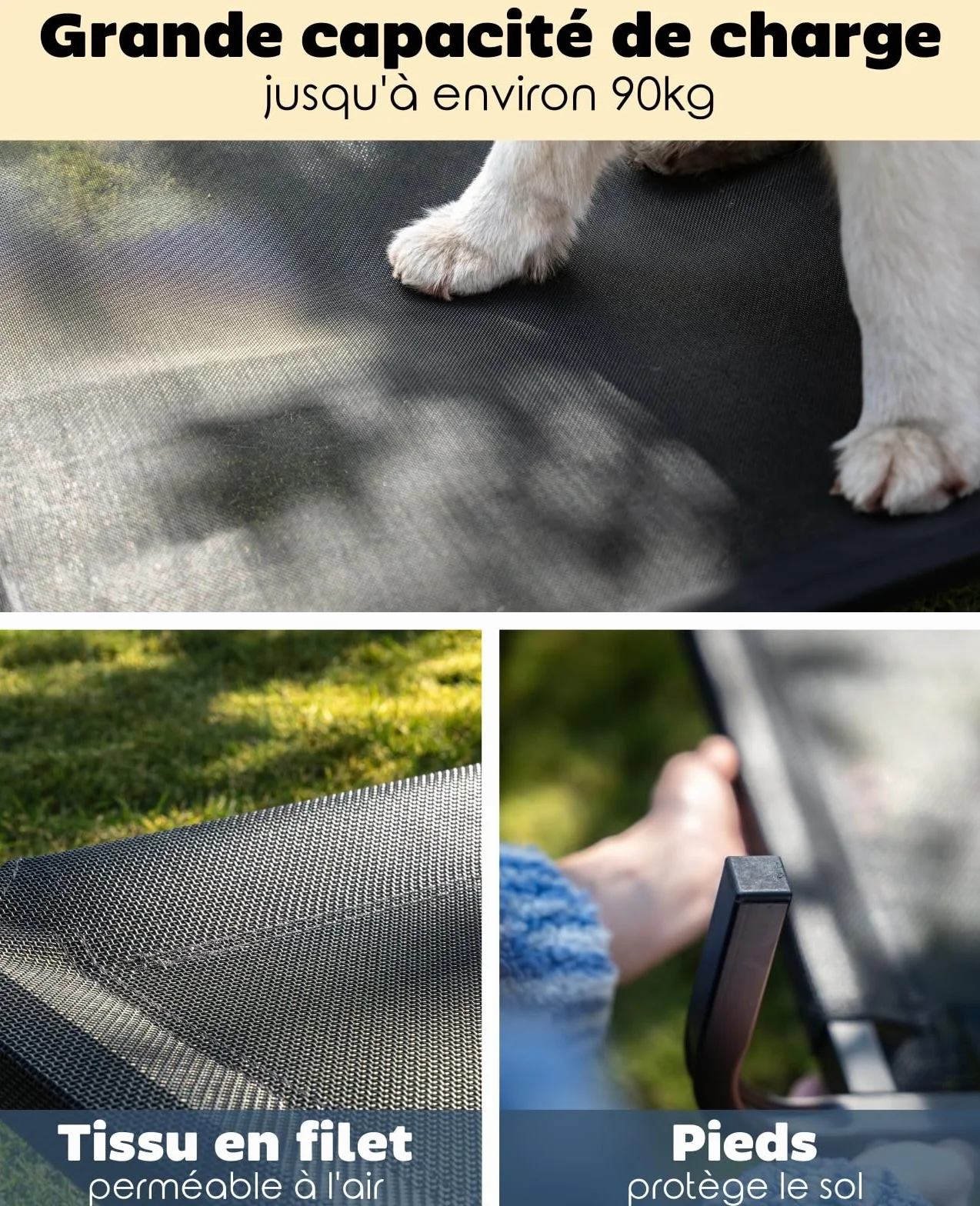 Lionto Lit pour Chien surélevé d'extérieur 117x85 cm Housse Amovible Maille Respirante Cadre métallique Noir