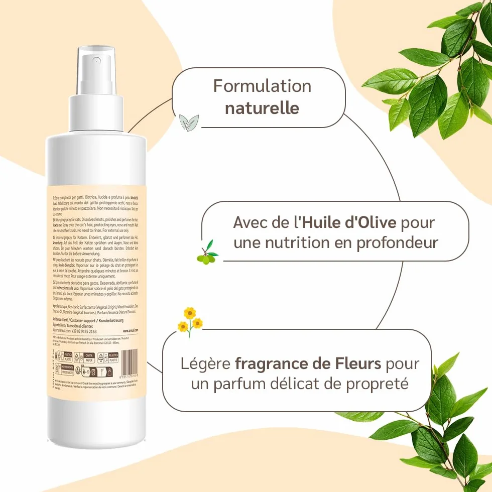 Amusi Spray Démêlant pour Chat 250 ml – Démêlant Poils Longs sans Rinçage, Naturel & Végétalien – Pelage Doux et Brillant – Fabriqué en Italie