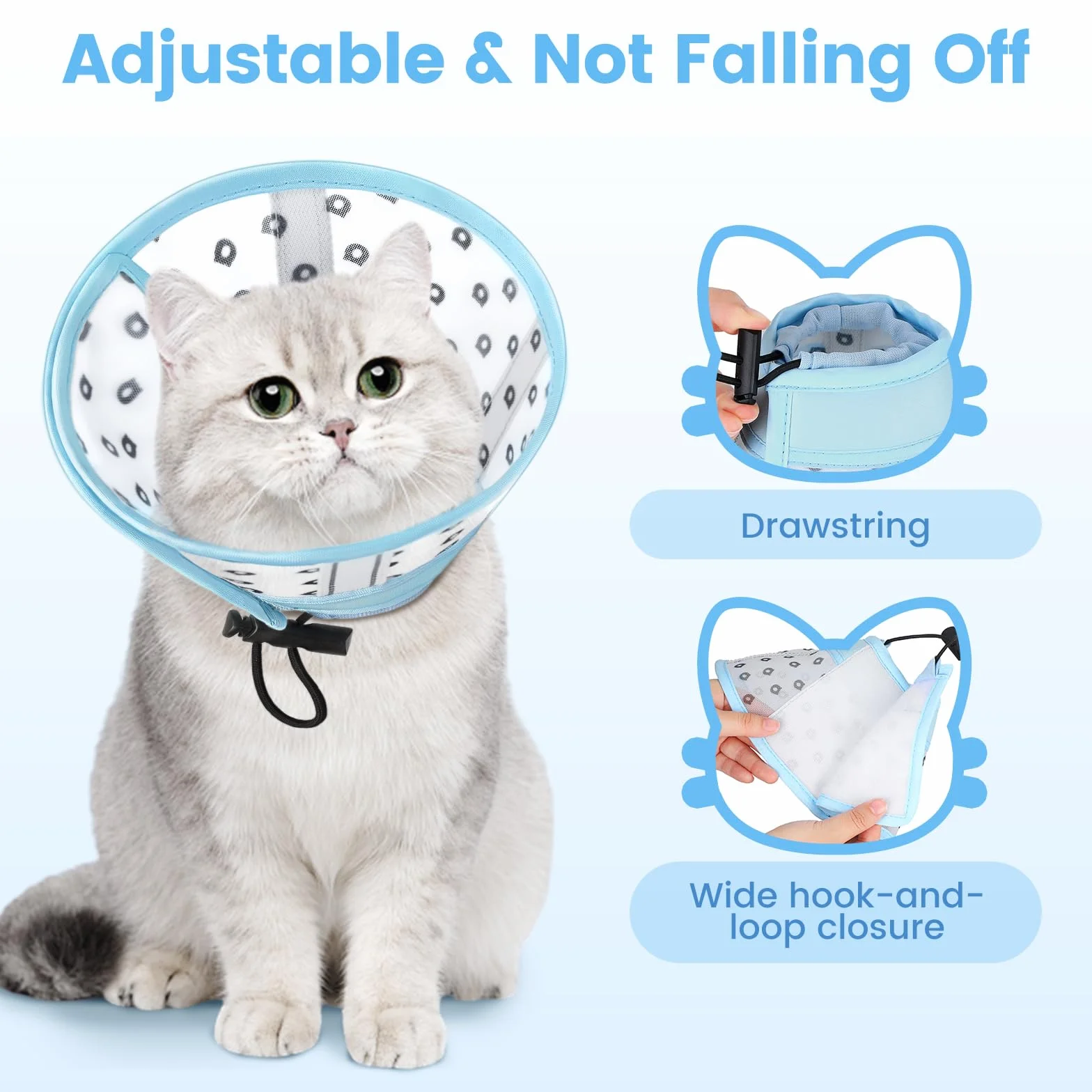 Collerette Chat Anti Léchage Anti Grattage Souple Tissu Respirant Ajustable M Maille Bleu