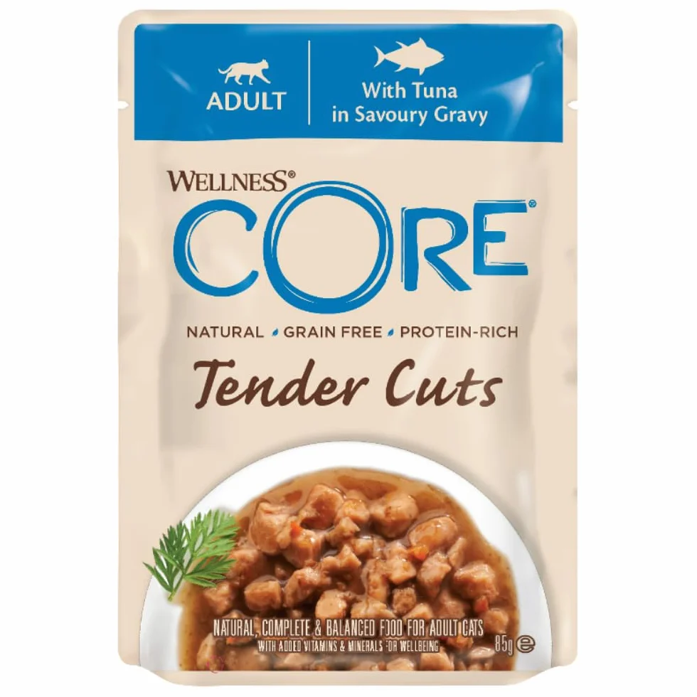Wellness CORE Tender Cuts 6 x 85g Multipack Saumon Thon Crevettes pour Chats Adultes sans Céréales