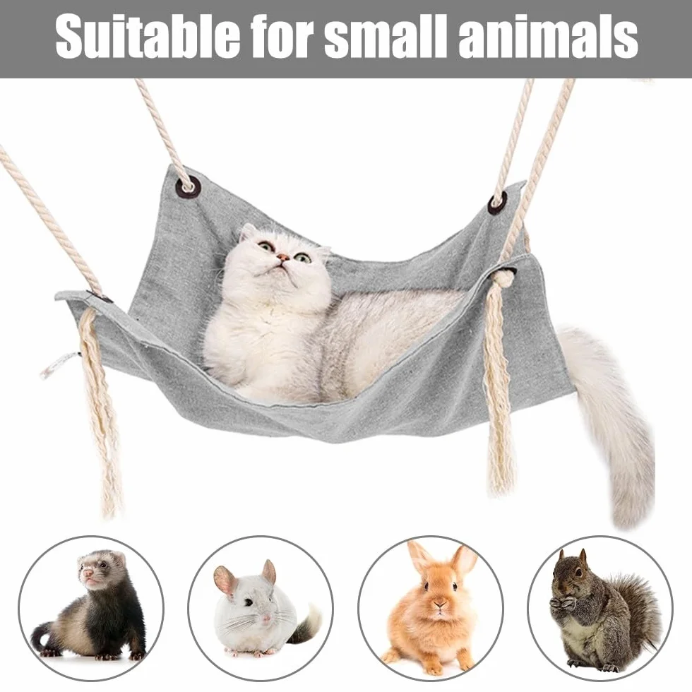 DONGKER Hamac Cage pour Chat,Nid Suspendu Respirant pour Animaux de Compagnie en Coton et Lin avec 4 Crochets pour Chats de Moins de 7Kg/15 Lbs Lapins Furets Chinchillas