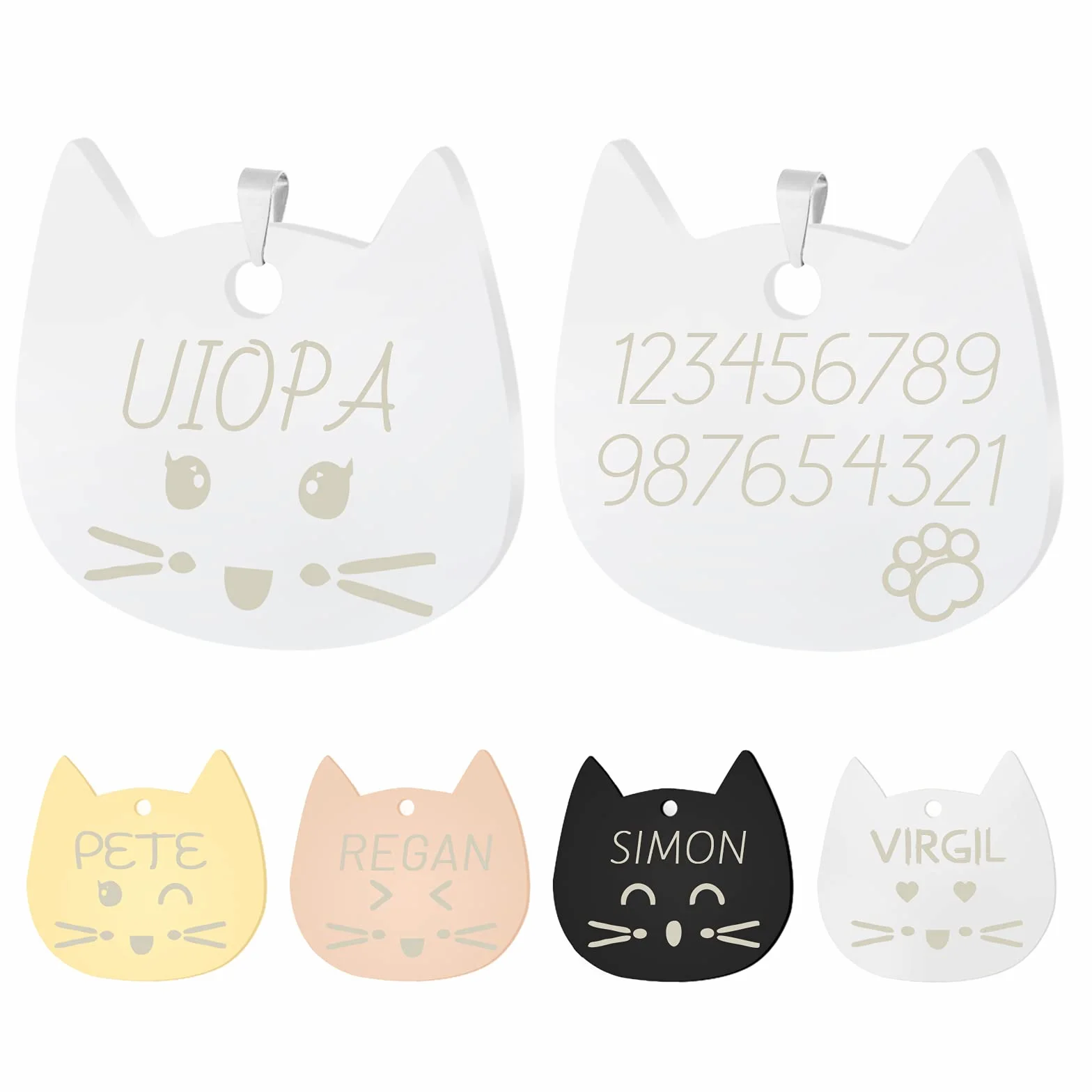 Uiopa 2pcs Medaille Chat avec Gravure, Acier Inoxydable Medaille Chien avec Gravure, Tête de Chat Medaille pour Chien Personnalisé Porte-adresse pour Colliers pour Chiens et Chats (Argent, Petit)