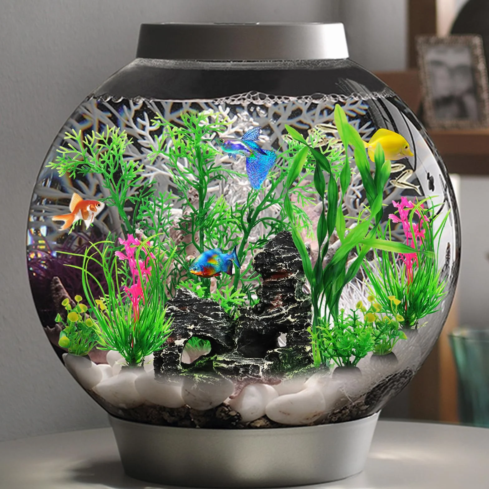 QUOZUO Vert Plantes Artificielle Aquarium Decoration Rocher Polyrésine Grotte Ornement Cachette Poissons 9 Pièces