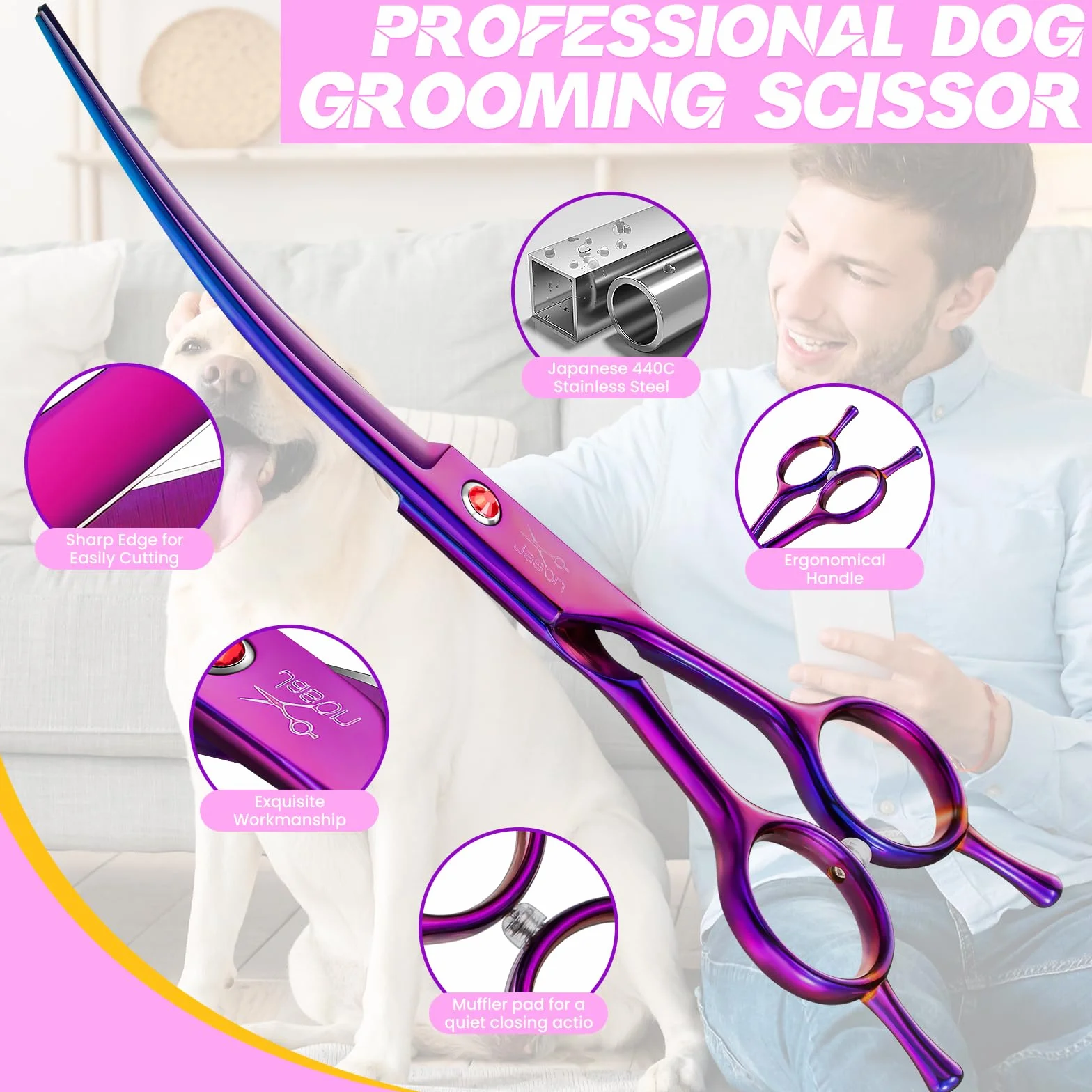 JASON Ciseaux Professionnels Courbes pour Chiens et Chats - 7,5" à Fourrure pour Animaux de Compagnie (Courbes Vers le Haut, Violet)