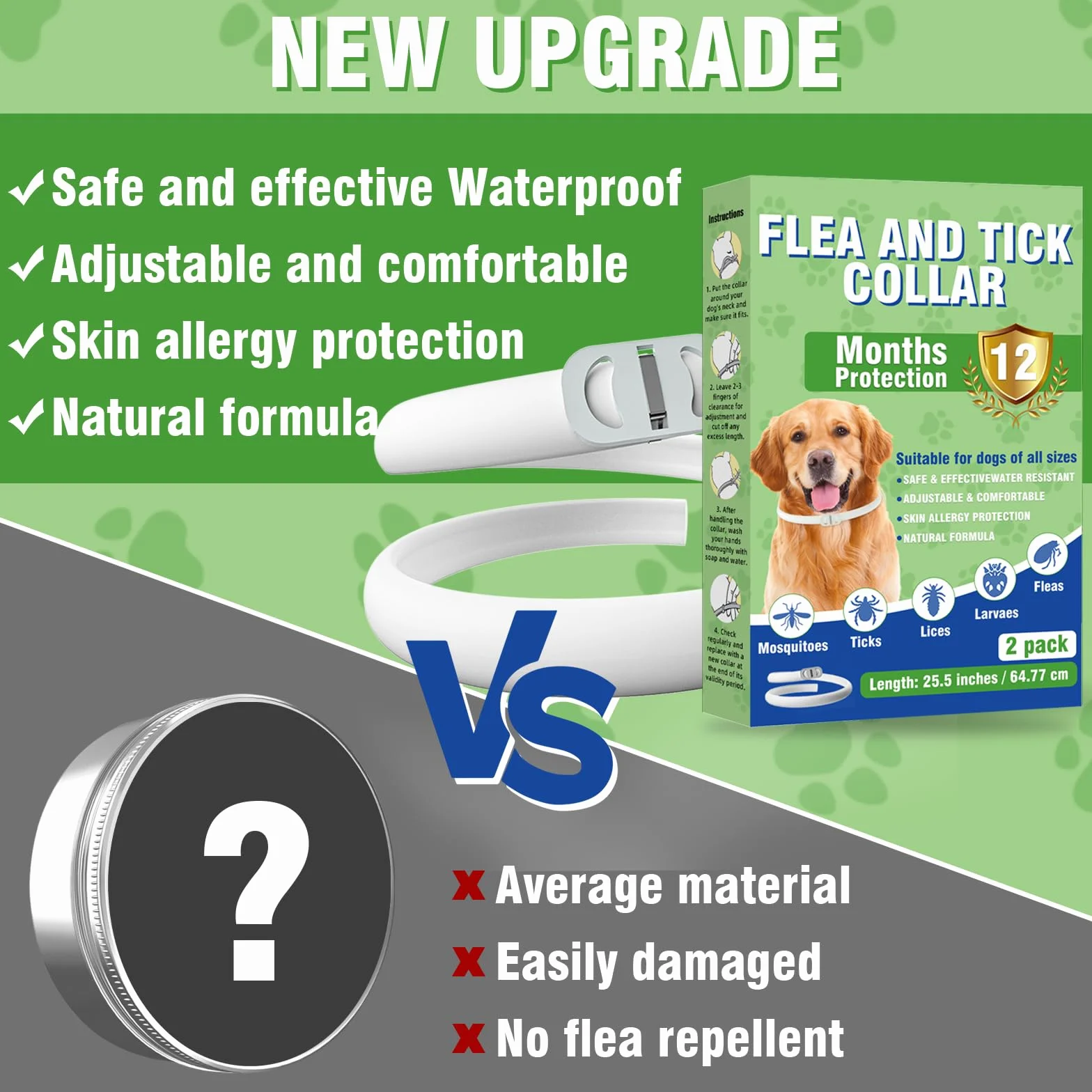 Collier Anti Puces pour Chien, Collier Réglable Résistant à l'eau, 12 Mois Protection (2 Pack)