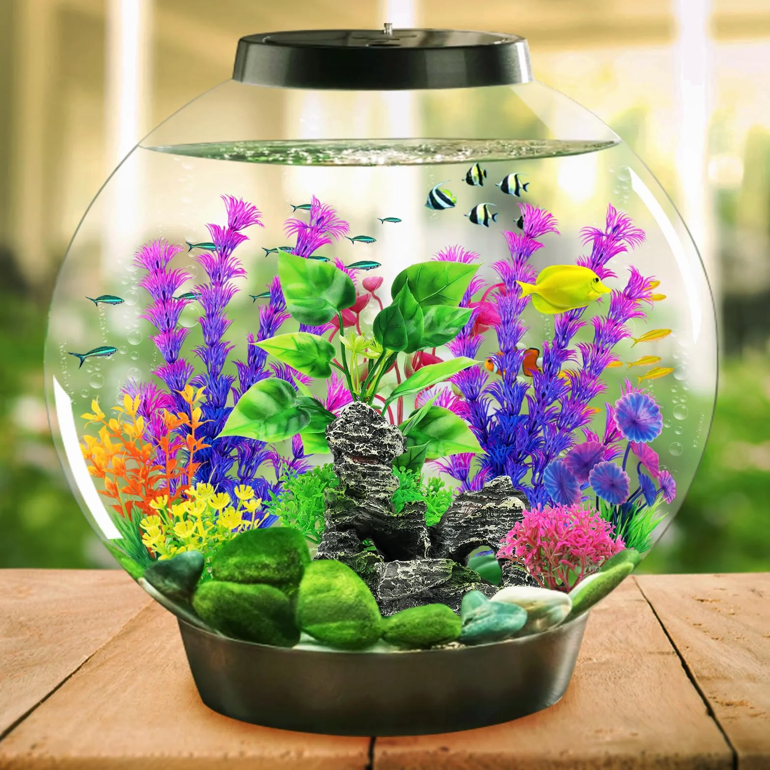 QUOZUO Plantes d'Aquarium Artificielle avec Rocher Polyrésine Grotte Ornement 9 Pièces
