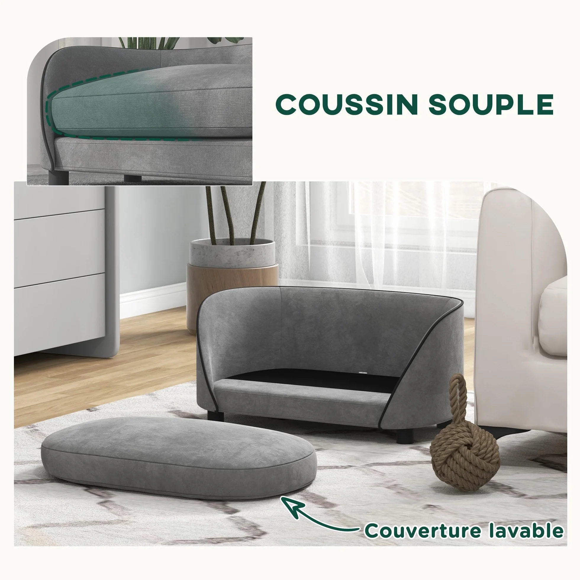 PawHut Canapé pour Chien en Velours néerlandais, Coussin Doux, Housse Amovible et Lavable, pour Petite à Moyenne Taille, Gris
