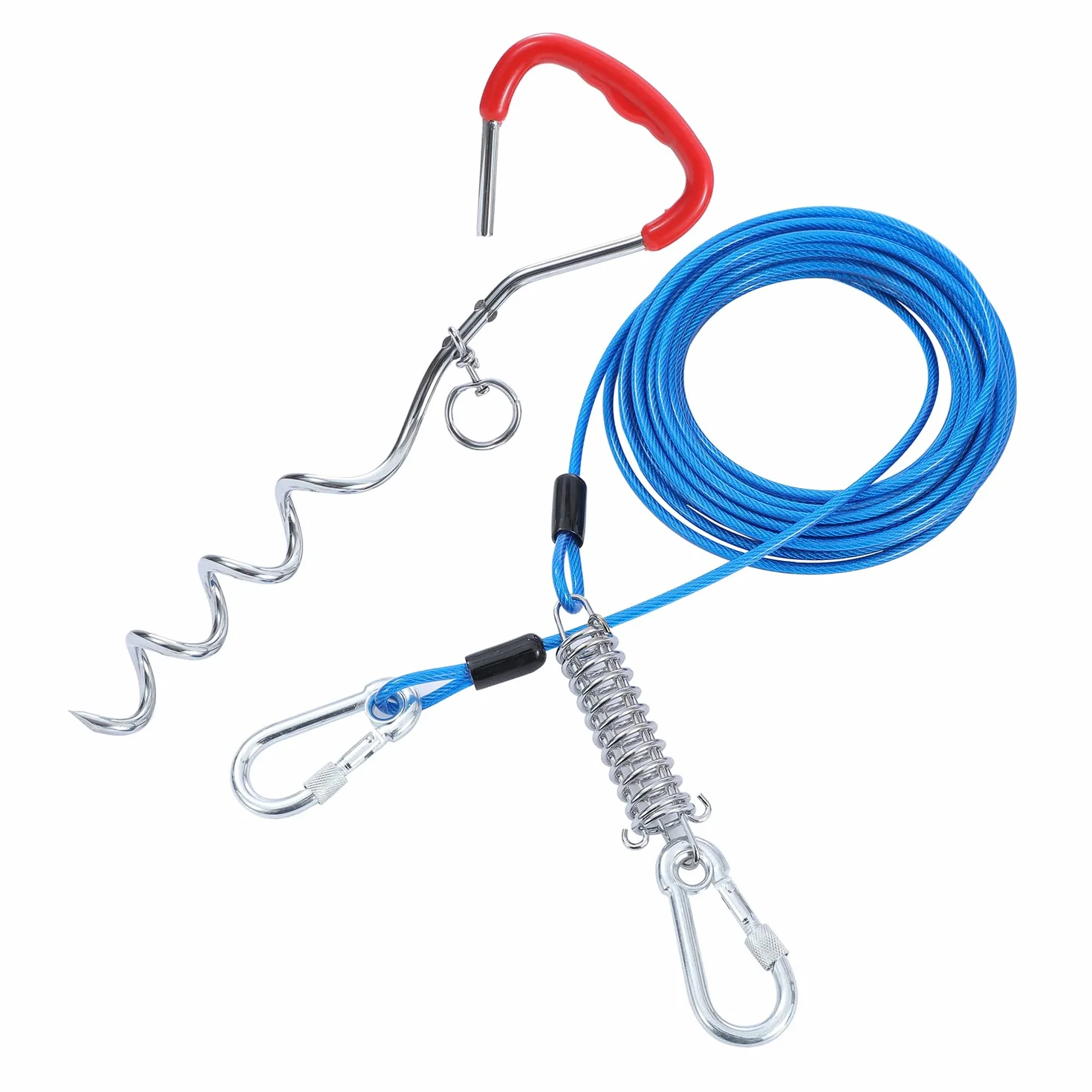 TOPWAY Câble d'attache pour Chien 10m et Piquet en Spirale de 42cm, Chien Cravate Câble pour Le Camping en Plein Air, Bleu + Rouge