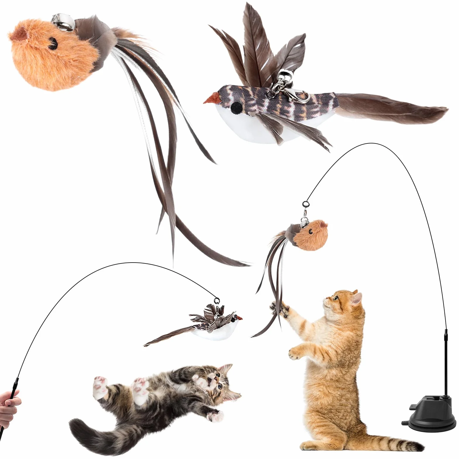 Jouet Chat Interactif 4 Pièces avec Ventouse, Canne à Pêche Chat avec 2 Oiseaux à Clochettes