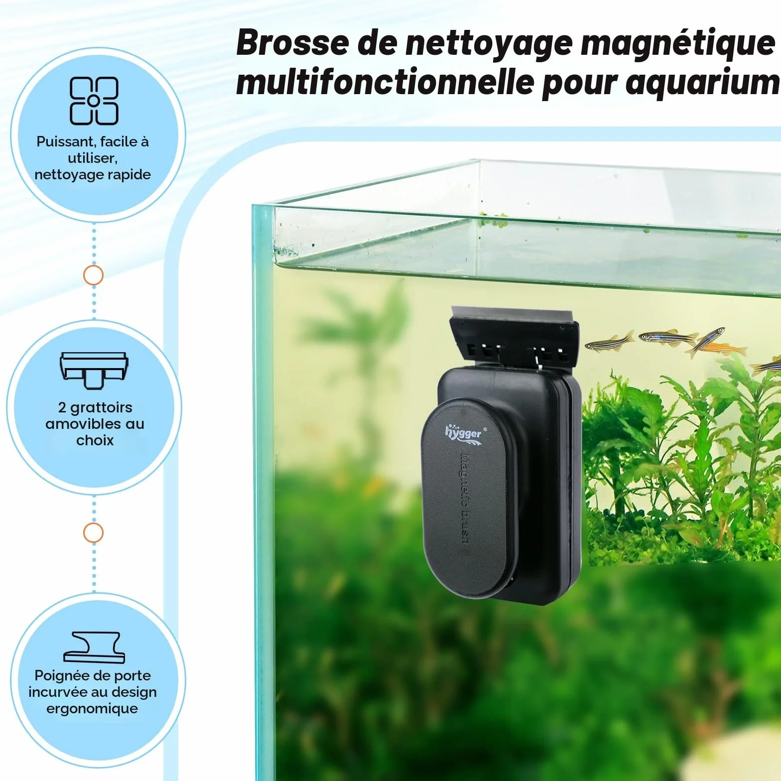 Hygger Brosse Aquarium Nettoyage Vitre, Grattoir Algues Magnétique avec Grattoir Amovible