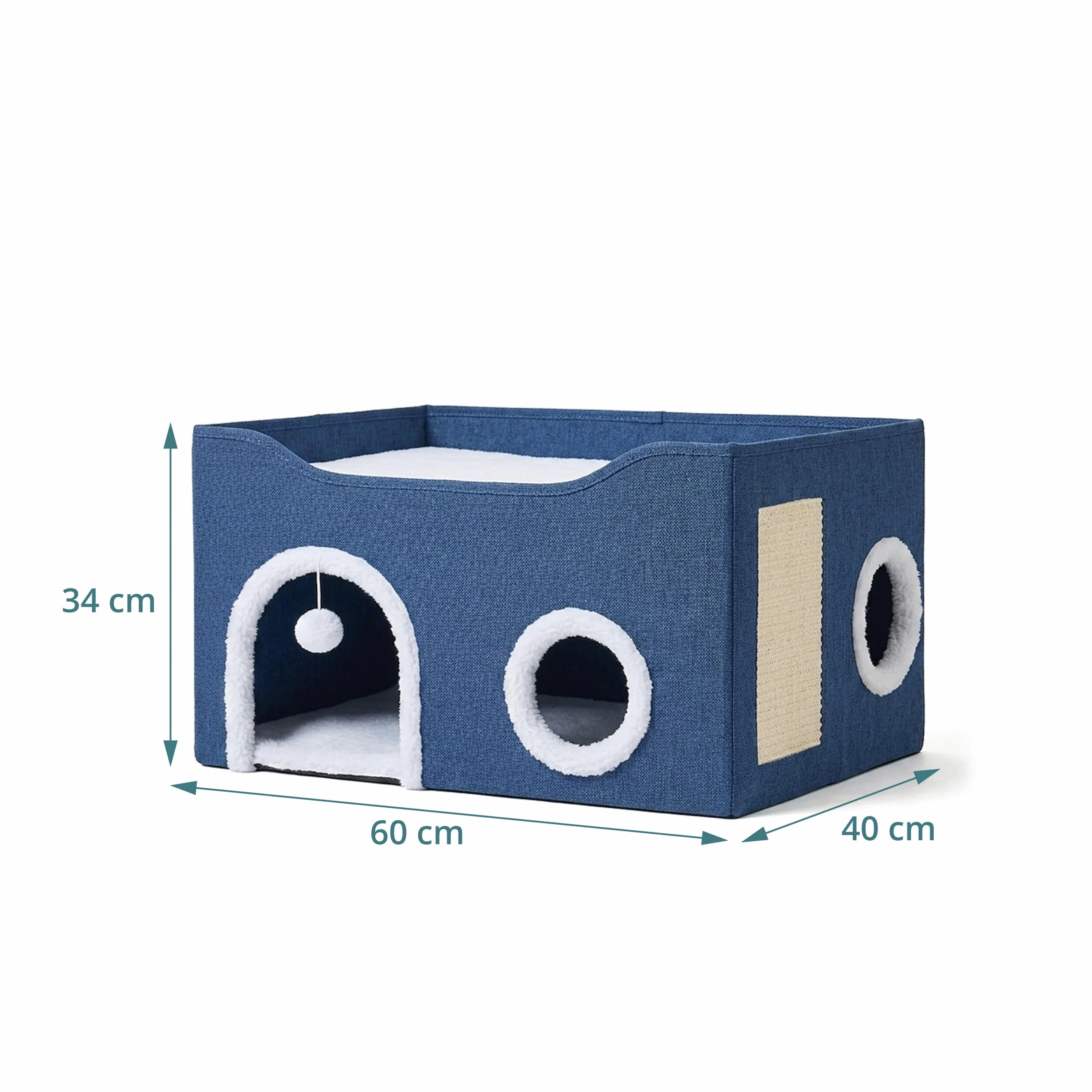 Grotte pour Chat Relaxdays, H x L x P : 34 x 60 x 40 cm, griffoir, Balle, 2 Coussins, Pliable, Bleue