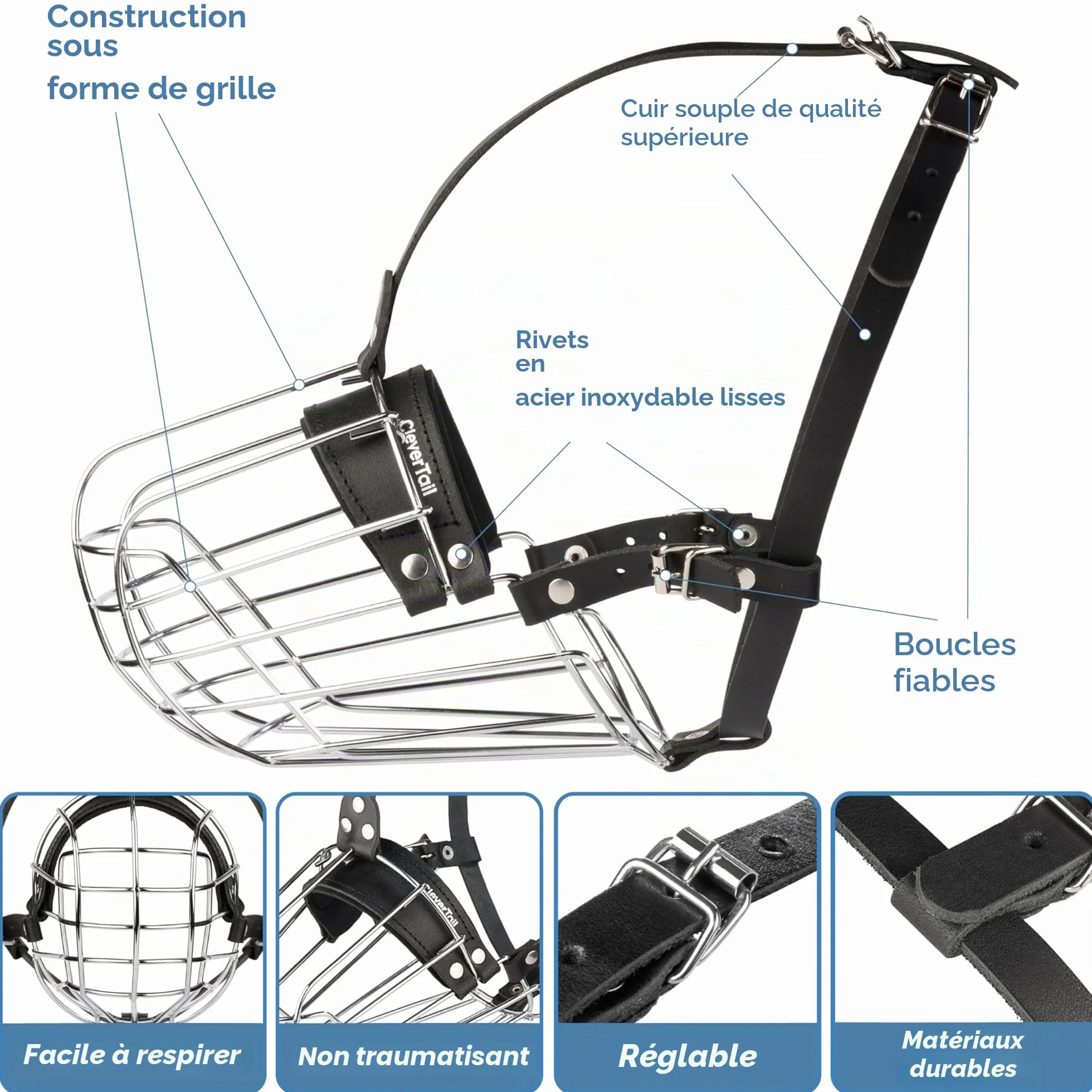Muselière en métal pour Pitbull de grande taille – Muselière panier pour chiens avec sangles en cuir réglables – Muselière en cage en acier pour chiens pour éviter les morsures