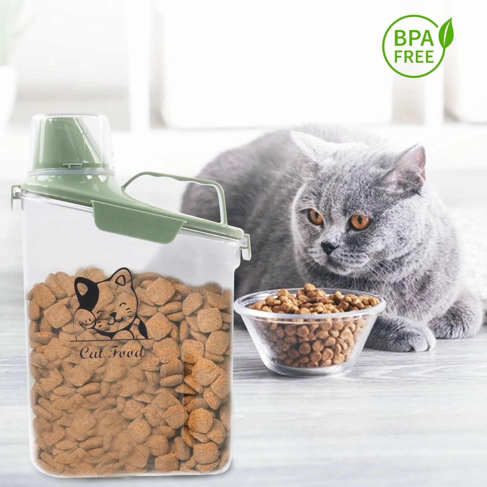 Boîte de rangement nourriture chat 2,8 l transparente avec gobelet doseur et bec verseur, Vert