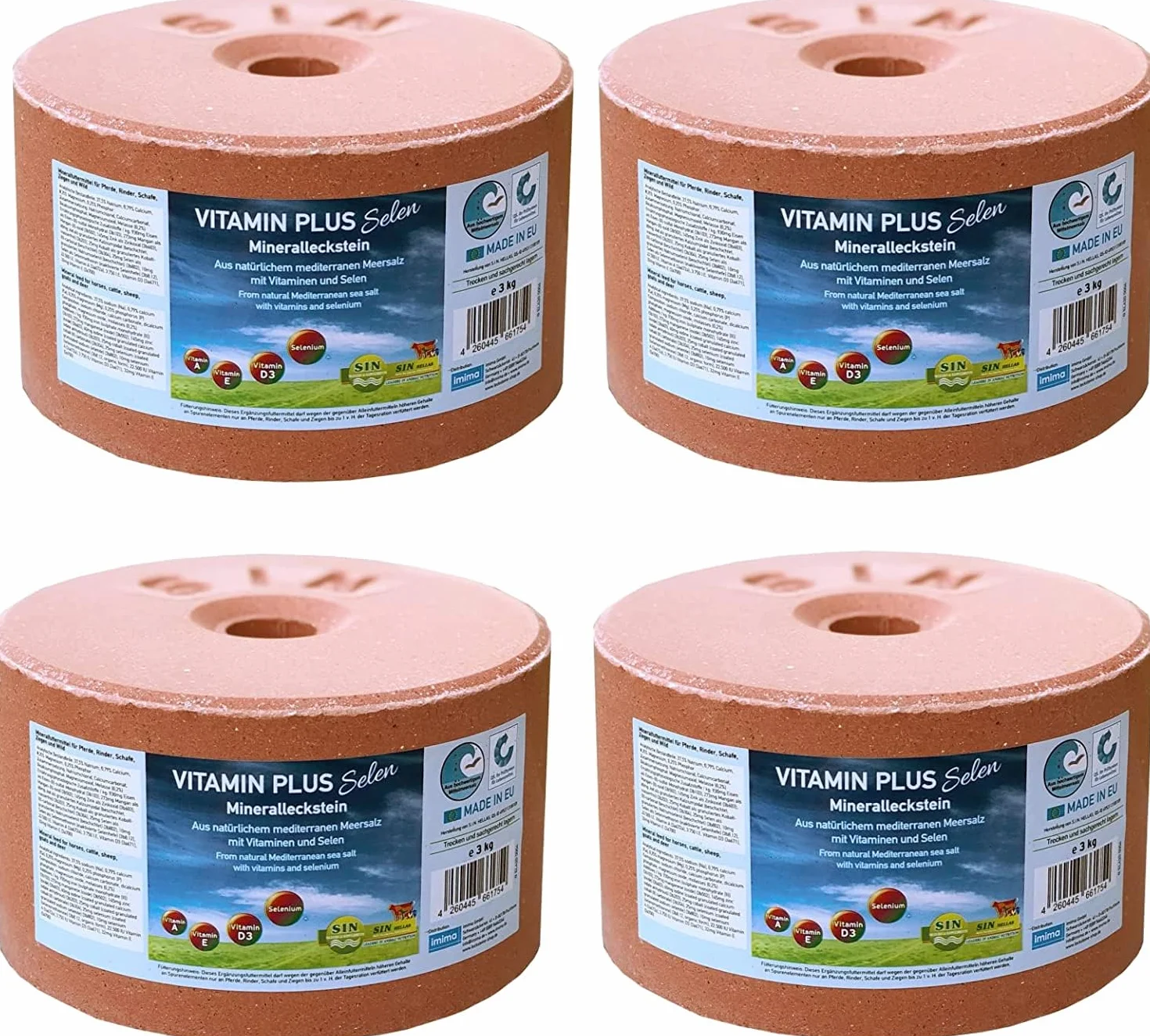 Mineral Lick Horse VITAMIN PLUS Selenium Salt Lick Set 4 x 3kg - Pierres pour lécher le sel pour chevaux, moutons, chèvres, gibier et bovins - Pierre minérale pour lécher le sel