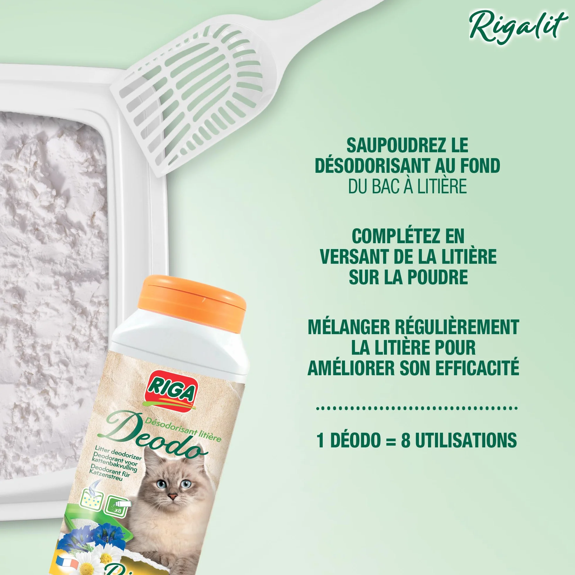 RIGA - Rigalit Déodo - Désodorisant Litière Chat - Parfum Floral - Neutralise Odeurs Et Bactéries - Prolonge Durée De La Litière - Rafraichit L'Atmosphère - 750g