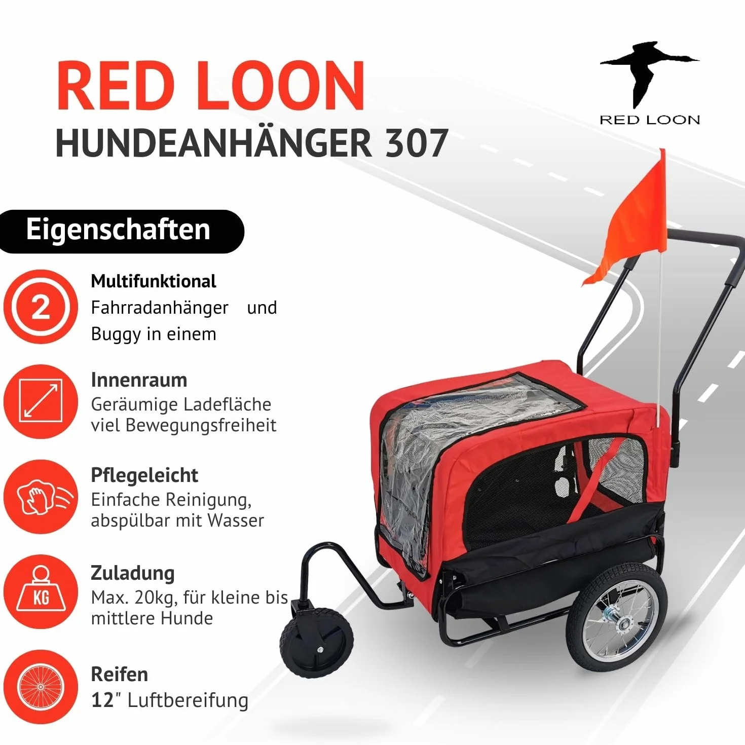 Red Loon Remorque pour chien Mini - Remorque vélo jogger rouge 20kg capacité, attelage universel protection