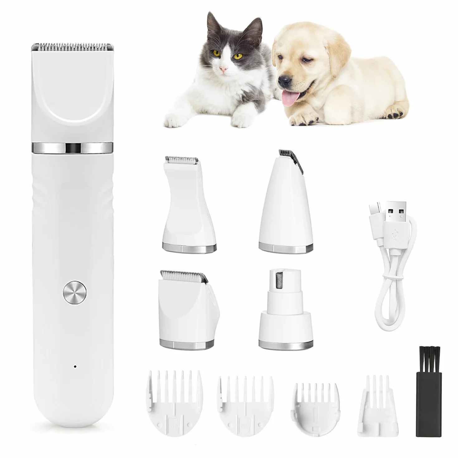 4 en 1 Tondeuse Chat Silencieuse sans Fil pour Chiens et Chats Blanc