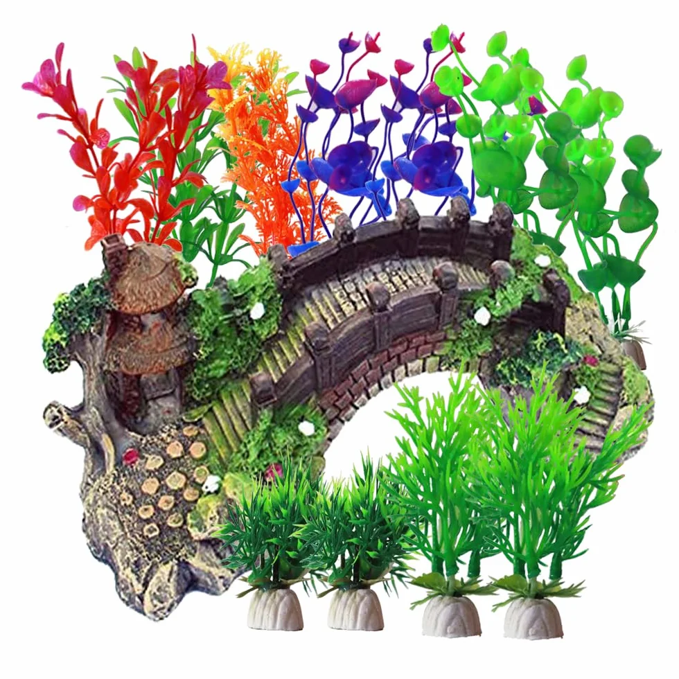 Décoration aquarium plantes résine pont arc lot 12 plastique pavillon décoratif