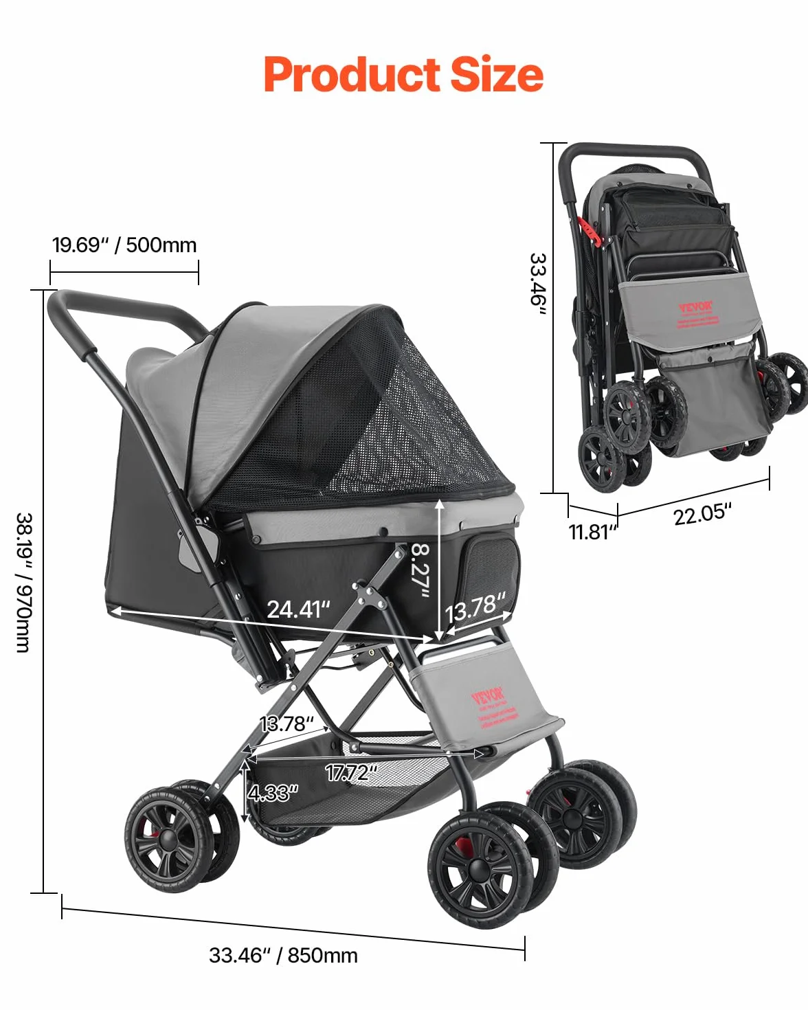 VEVOR Poussette pour Chien Pliable, Charge 20 kg, 4 Roues avec Freins Arrière, Fenêtres en Maille, Poignée Réversible, pour Petits et Moyens Animaux