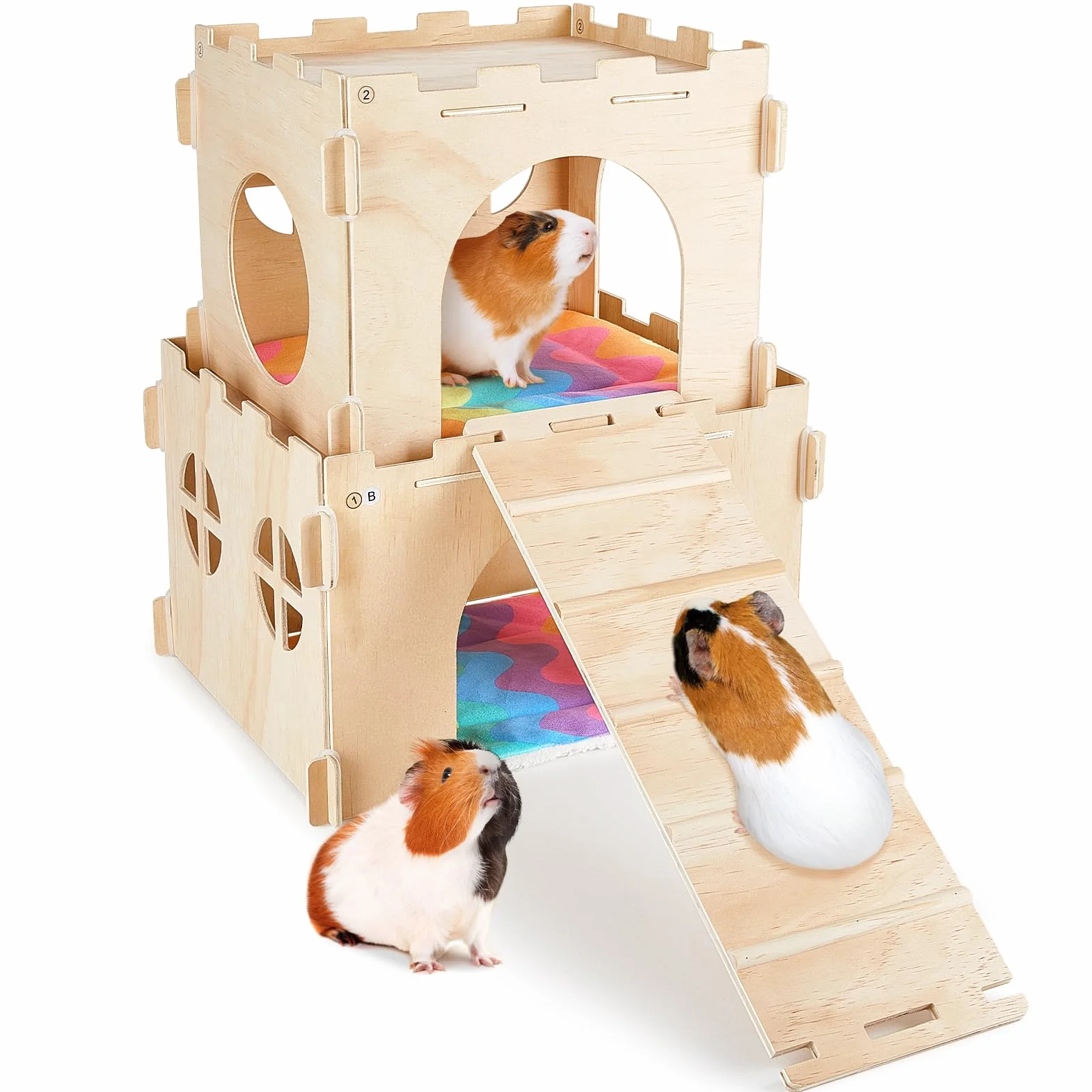Cabane en Bois pour Cochons d’Inde, Maison Cachette pour Petits Animaux avec Rampe, Plusieurs Portes et Fenêtres, Accessoire pour Hamsters et Autres Petits Animaux