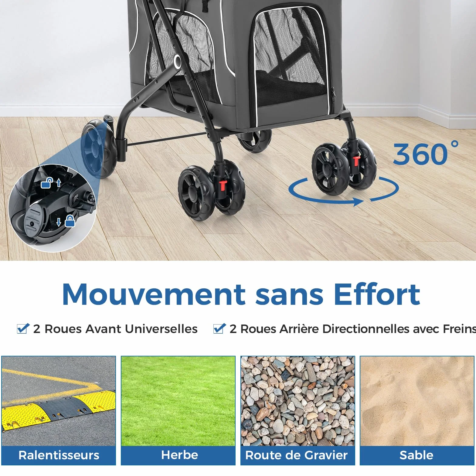 Poussette Chien Chat 2 Couches Détachable 3-en-1 GYMAX Transporteur Siège Auto Auvent Réglable Cadre Métal Pliable Gris