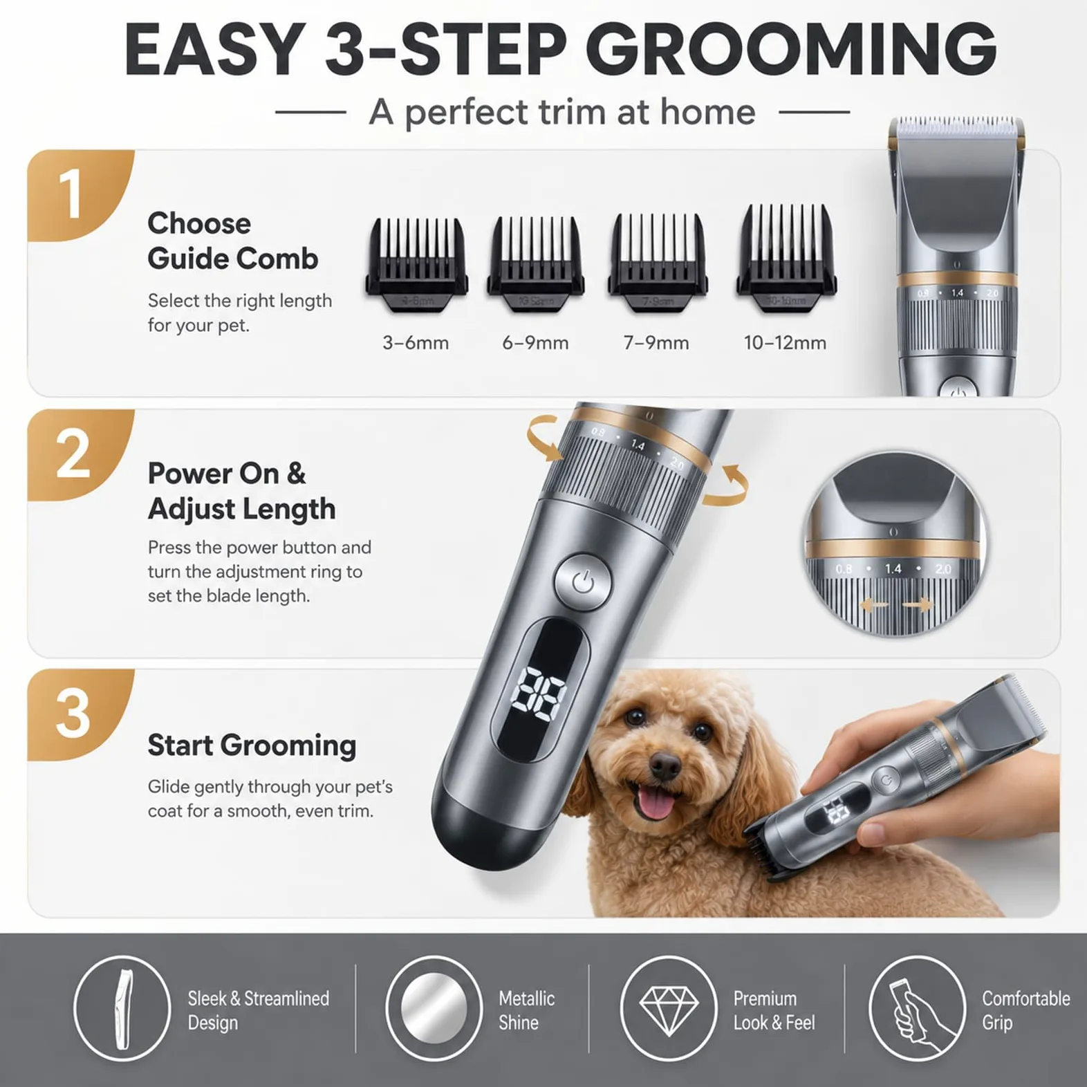 Tondeuse Pour Chiens Eanmoda V3 – Tondeuse Sans Fil Rechargeable Et Silencieuse Avec Lame En Titane-Céramique Et Sabots De Guidage, Idéale Pour Les Pelages Épais (1Set)
