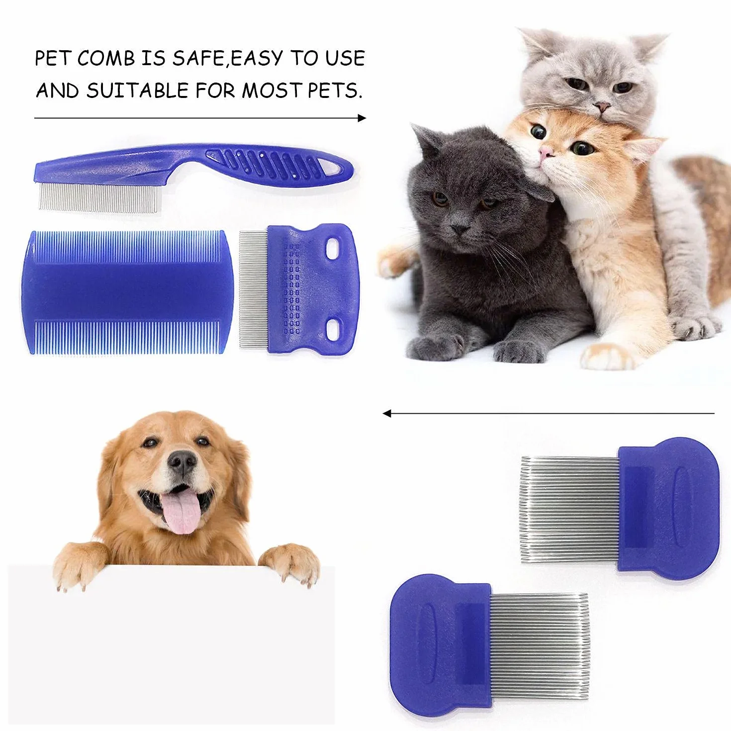 6 PCS Kit de peigne anti puce chiens et chats,Peigne Anti Poux,Peigne Anti Puces pour Chat, Elimination poux et poussière Outil de toilettage en acier inoxydable avec pointes arrondies