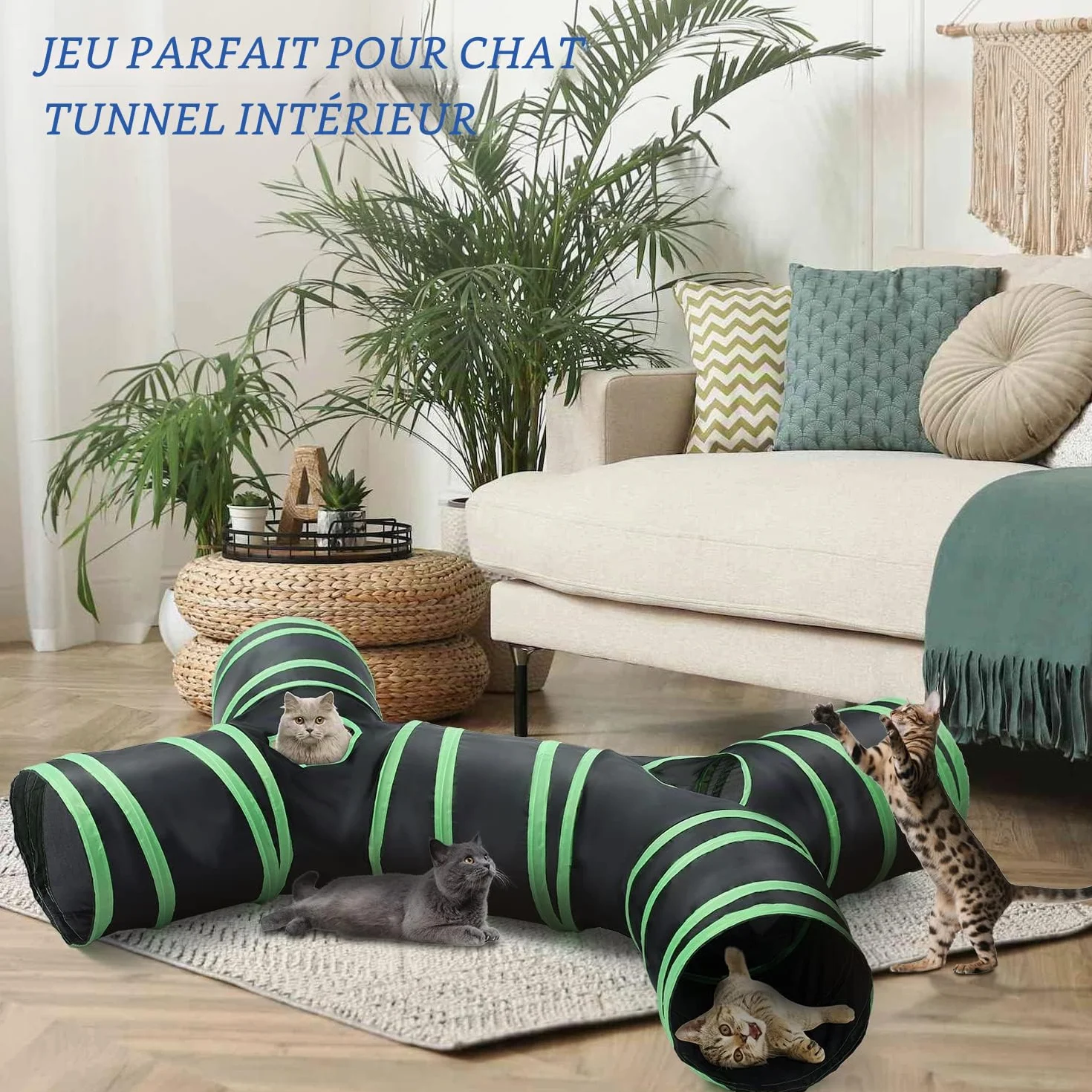 Tunnel de chat de type osseux amélioré, Tube de tunnel de jeu pliable à 4 voies pour chat avec sac de rangement pour chats, chiots, lapins, furets, cochons d'Inde, utilisation intérieure et extérieure