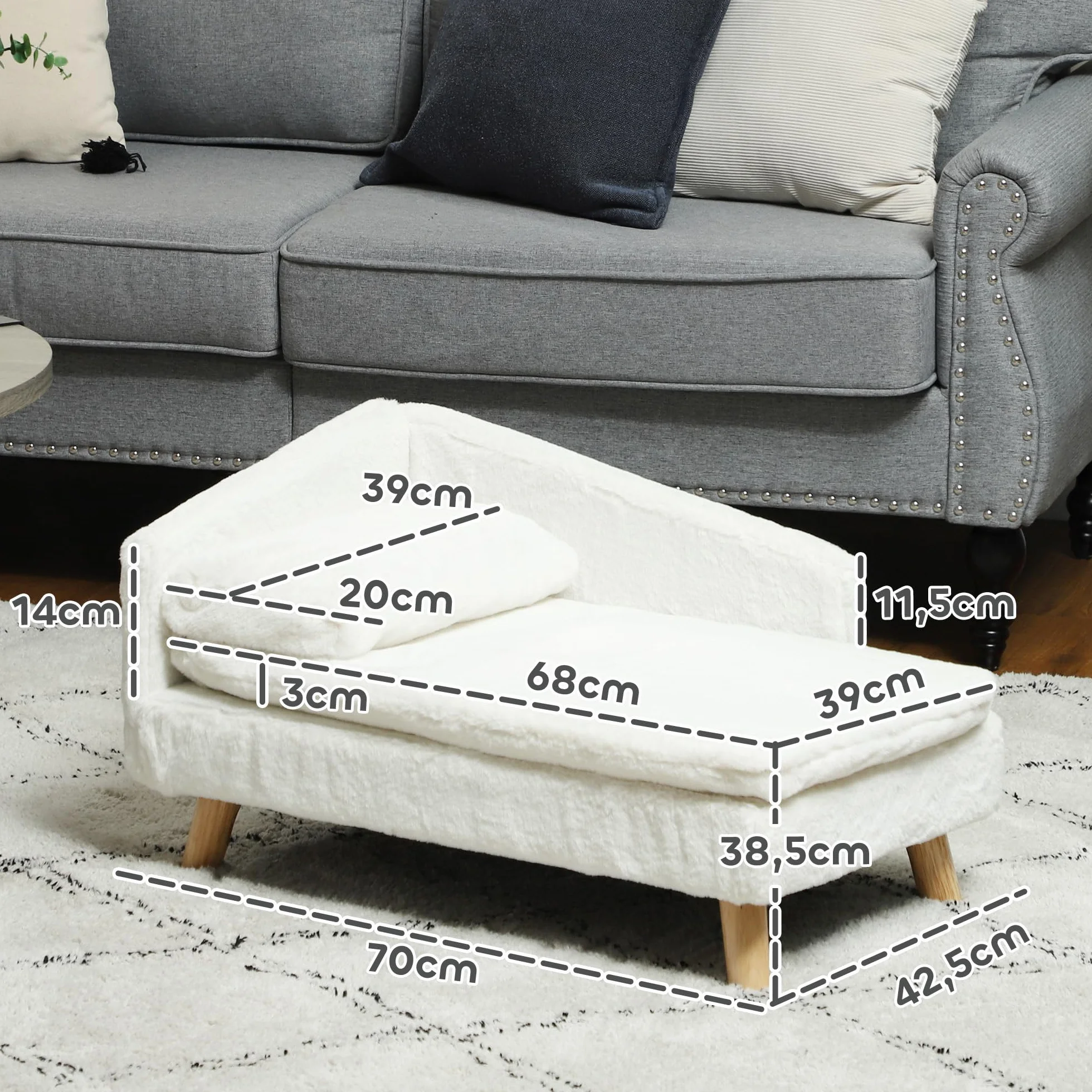 PawHut Canapé pour Chien Lit pour Chien Chat avec Coussin Moelleux Oreiller Housses Amovibles Lavables Peluche 70 x 42,5 x 38,5 cm Crème