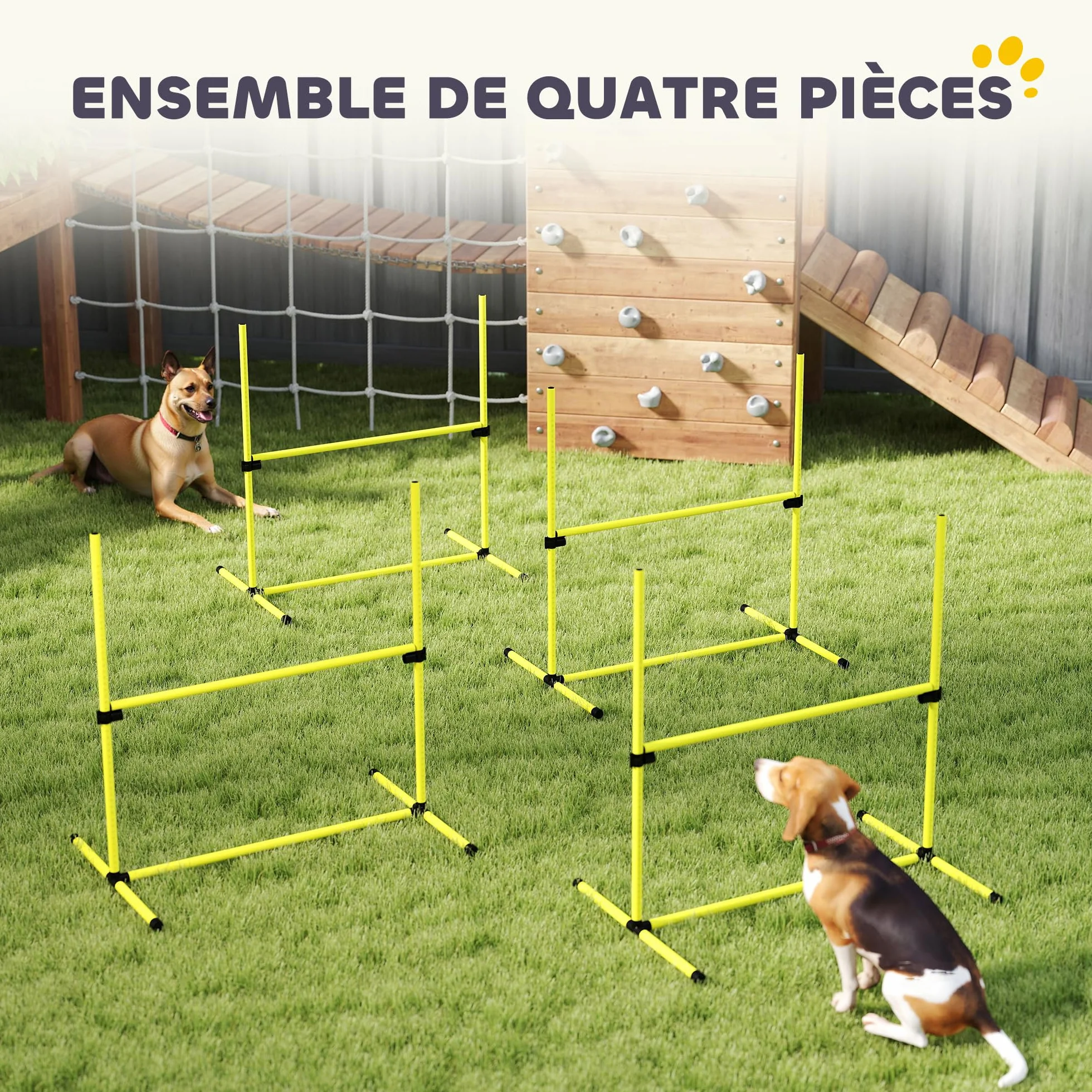 PawHut Kit Agility pour Chiens, 4 Obstacles Professionnels Hauteur Réglable, Parcours Entraînement Jaune