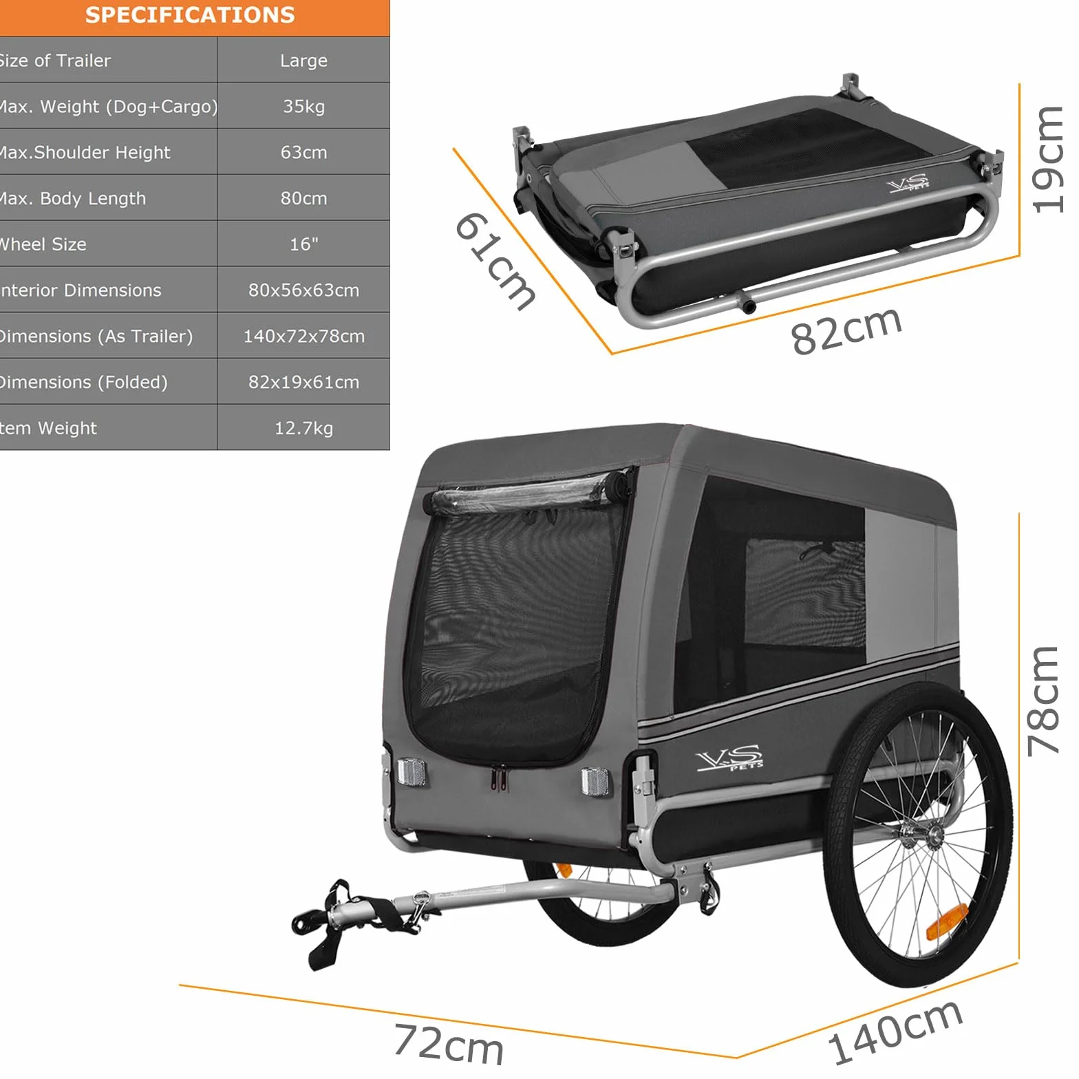 Tiggo VS Pets L Remorque de vélo pour chien - Volume : environ 270 l - Pour chiens de taille moyenne et grande jusqu'à 35 kg - Pliable