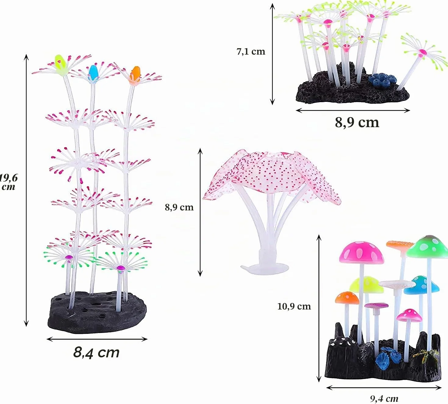 Podazz Lot de 4 Décorations Fluorescentes pour Aquarium, Corail Artificiel et Anémone en Silicone