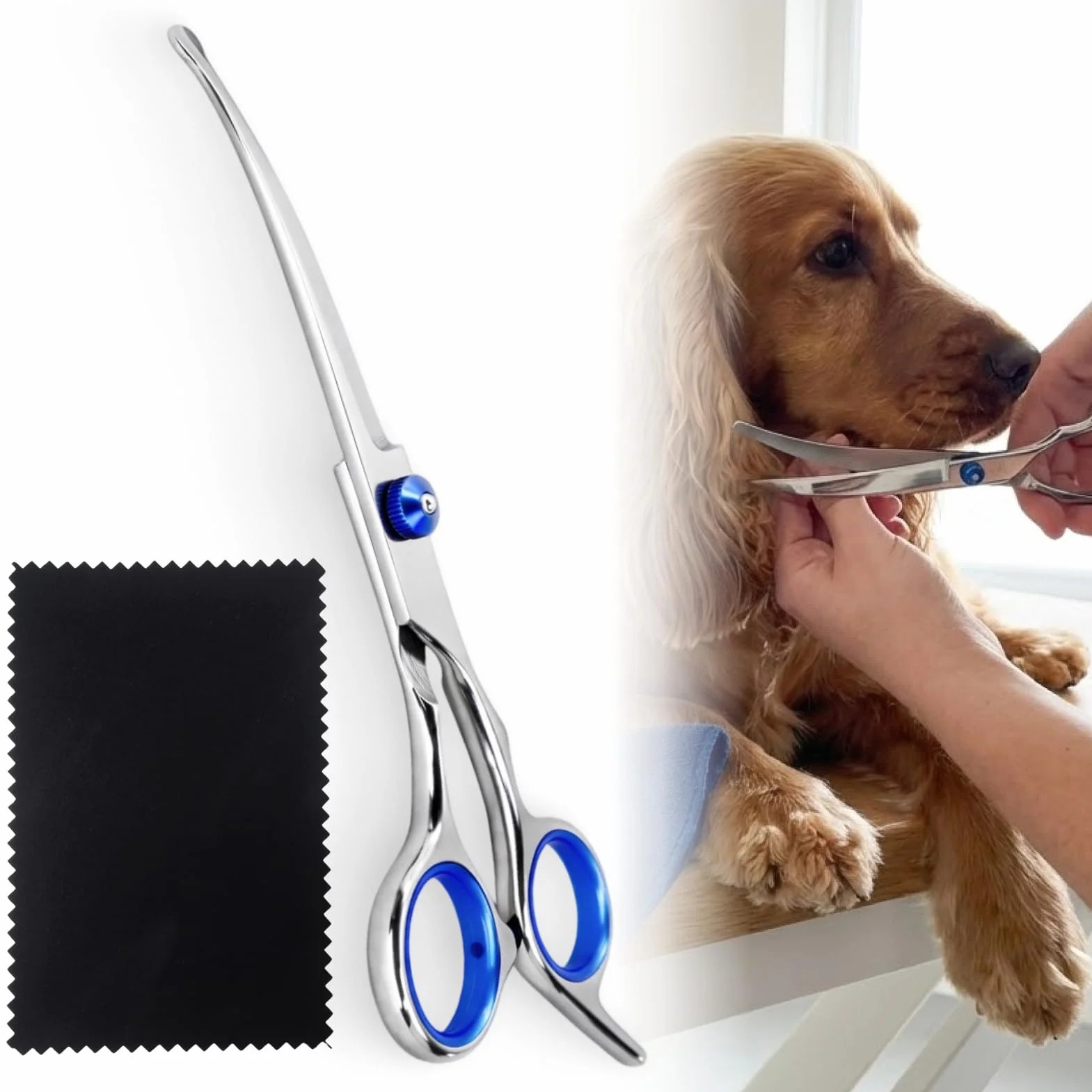 Ciseaux Courbés pour Chien 6,7 Pouces avec Chiffon de Nettoyage, Ciseaux de Toilettage Professionnels en Acier Inoxydable, Sécurité Pointe Arrondie, Idéal Pour Poils de Chiens et Chats
