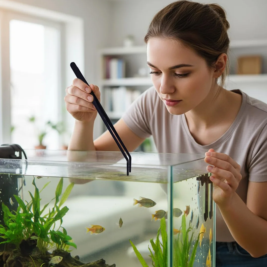 Pince à Aquarium en Acier Inoxydable 27 cm Courbée Noir pour Reptiles et Plantes Aquatiques