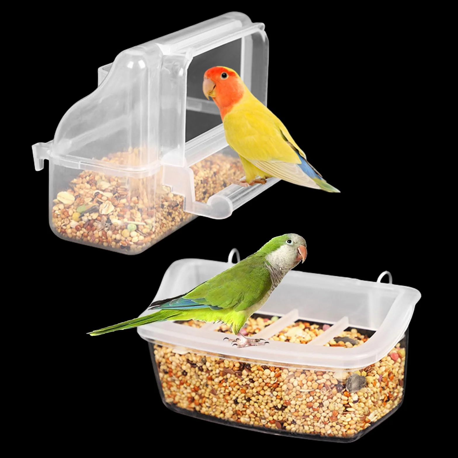 Lot de 2 mangeoires en plastique suspendues pour cage à oiseaux, perroquets, calopsittes, pigeons, canaris (transparent)