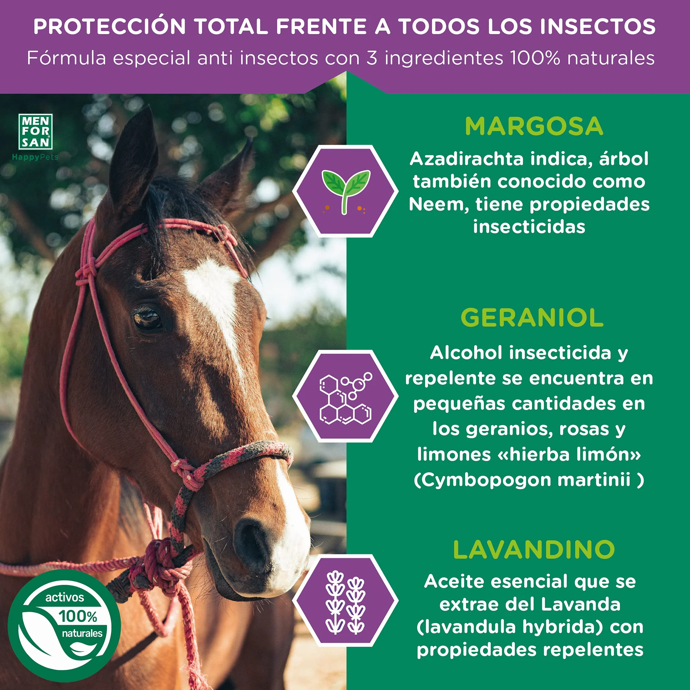 MENFORSAN Spray Anti-Insectes pour Chevaux 750ml Répulsif Naturel Margosa Géraniol Lavandin