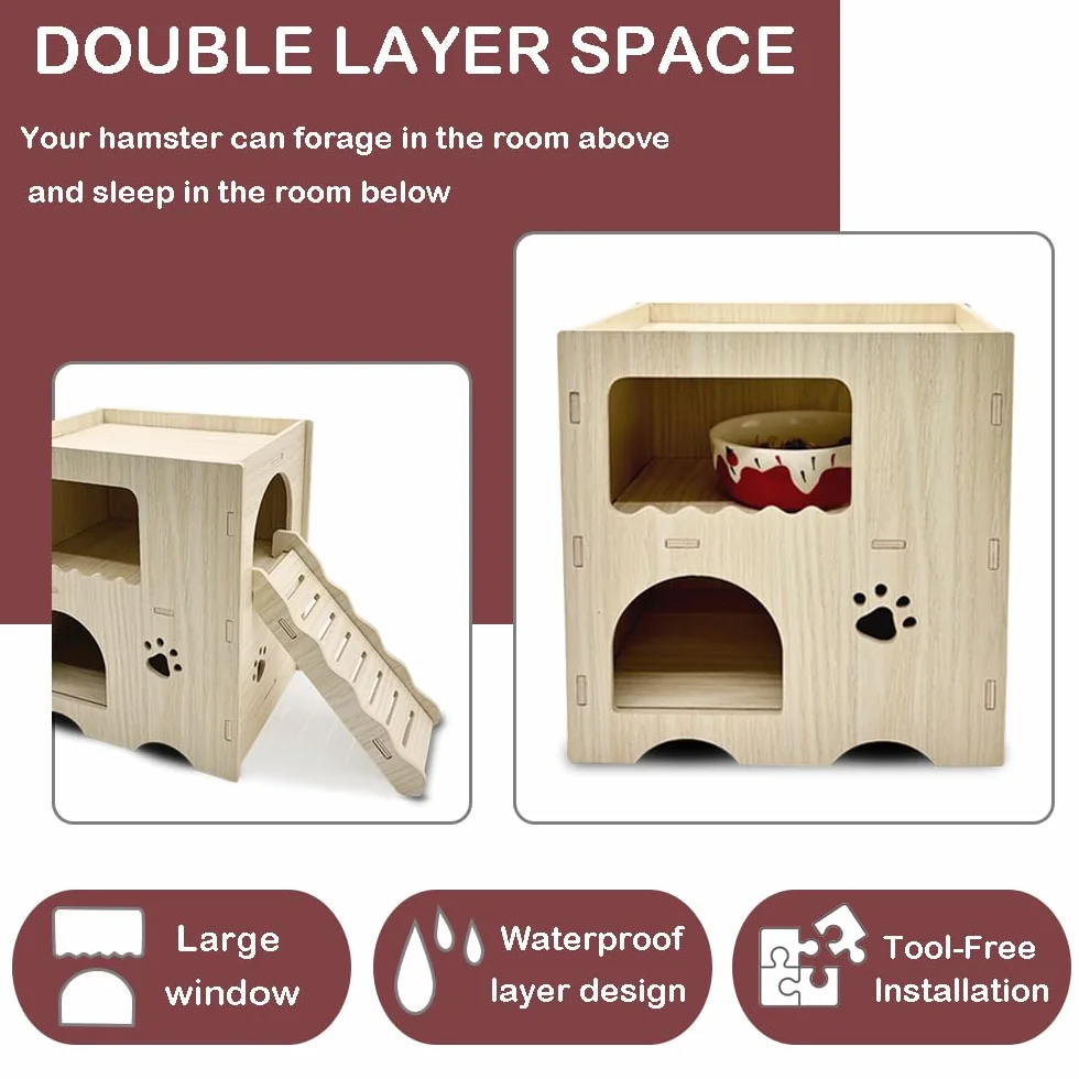 Maison Hamster, Maison en Bois pour Hamster Nains Hamster Syrien Rat Gerbille, 2 étages avec Échelle