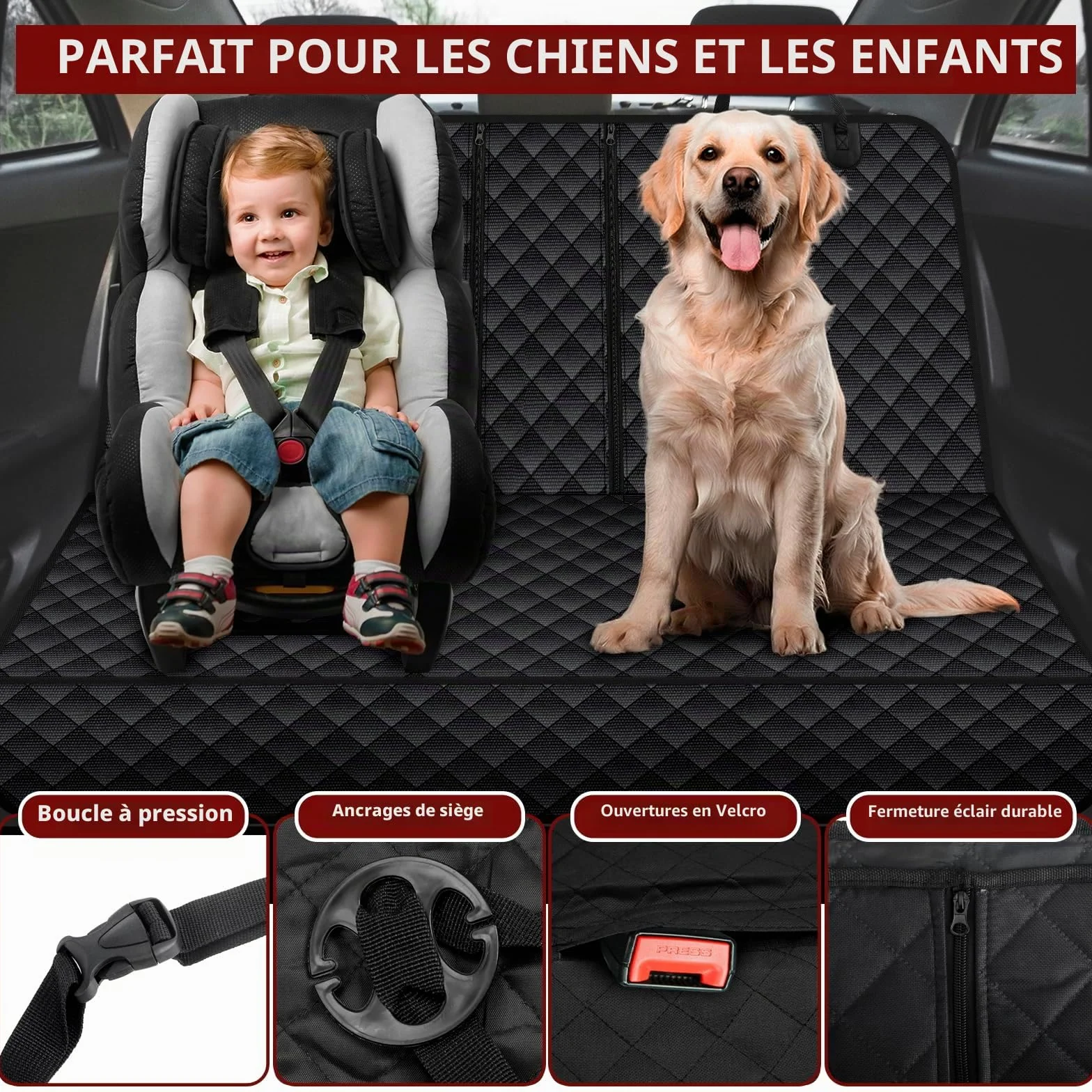Housse de siège de voiture pour chien VAGCARS, imperméable, résistante aux rayures, avec 1 laisse élastique pour chien, 135x118 cm, Housse universelle pour siège arrière de voiture pour camions