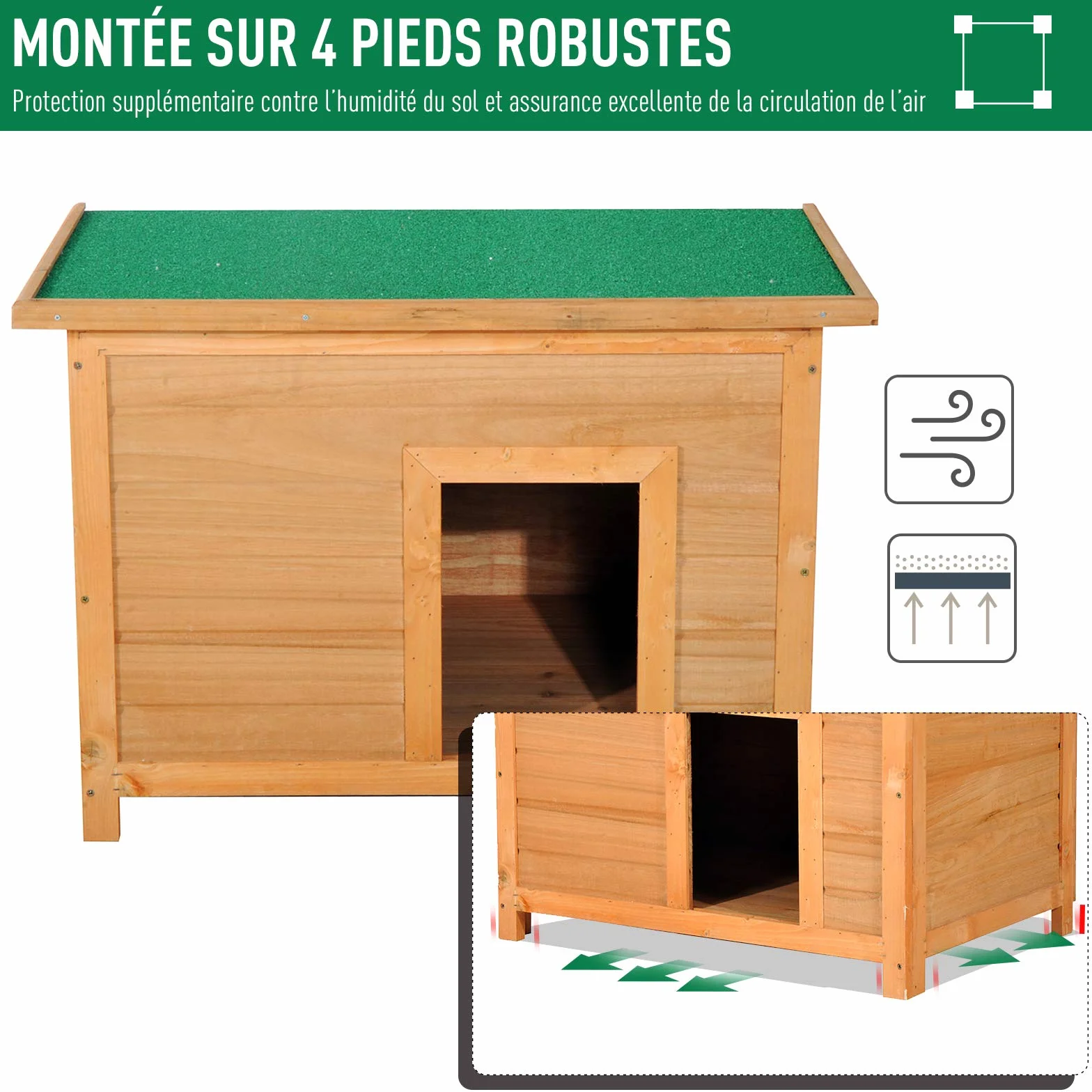 PawHut Niche pour Chien Chat en Bois sur Pied 85 x 58 x 58 cm pin Massif Marron Vert
