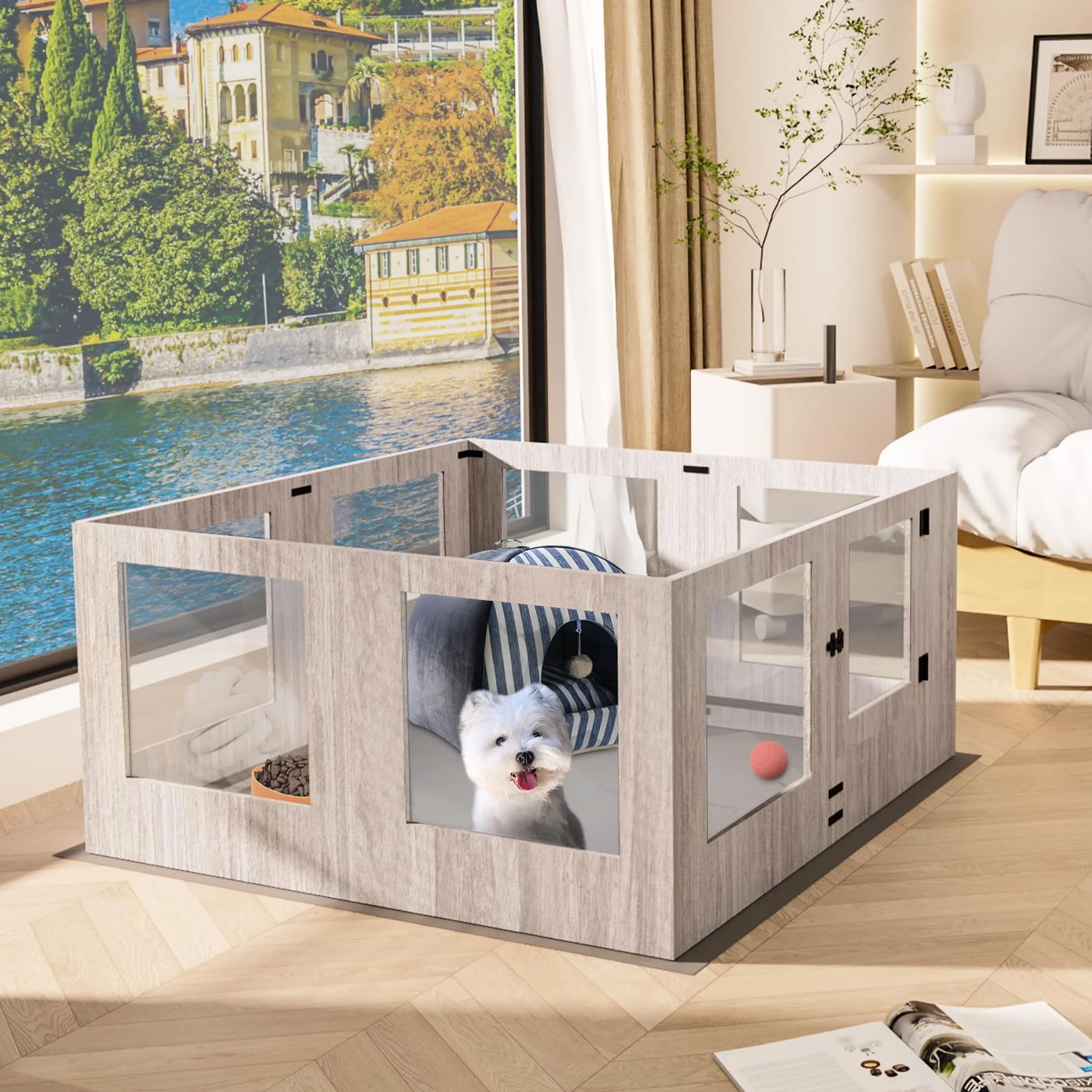 BingoPaw Parc pour Chien Intérieur Carré Enclos Grand avec Porte Verre Trempé Tapis 120x118.6x60cm